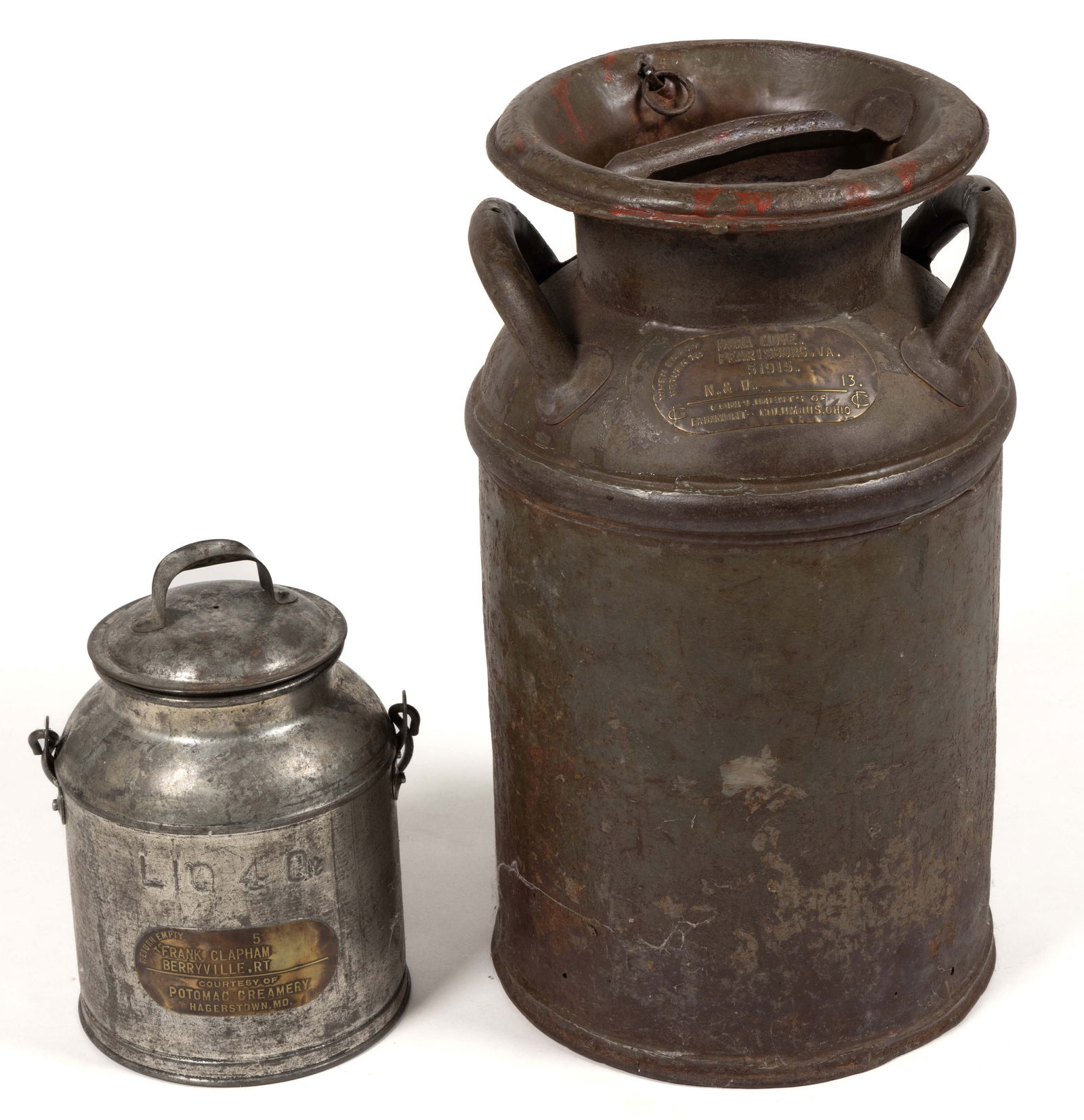 PEARISBURG, VIRGINIA AND HAGERSTOWN, MARYLAND N & W RAILROAD MILK CANS, LOT OF TWO (1 of 4)