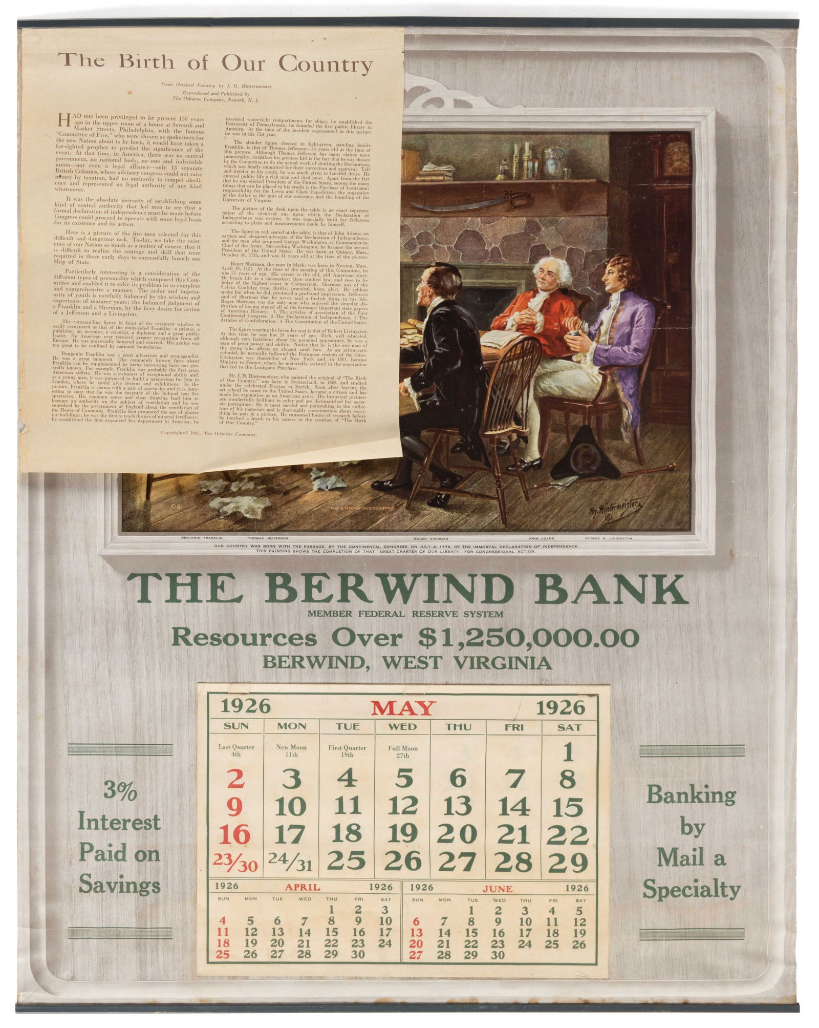 BERWIND, WEST VIRGINIA LITHOGRAPHED 1926 ADVERTISING CALENDAR (1 of 1)