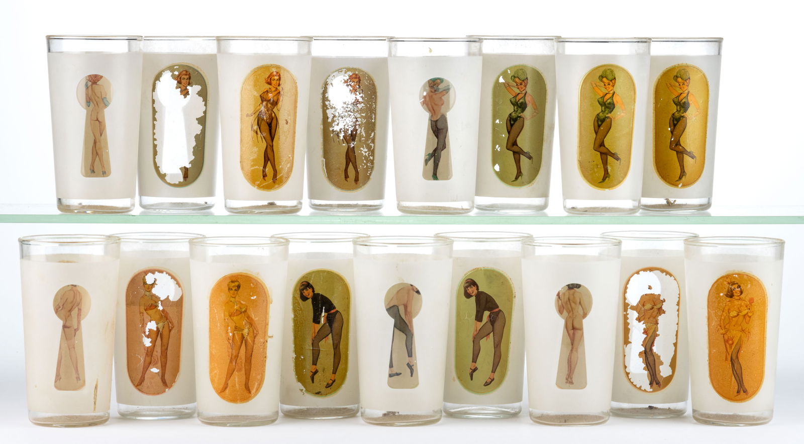 VINTAGE H. FISHLOVE PEEK-A-BOO KEYHOLE PIN-UP GIRLS BEVERAGE GLASSES, LOT OF 17 (1 of 1)