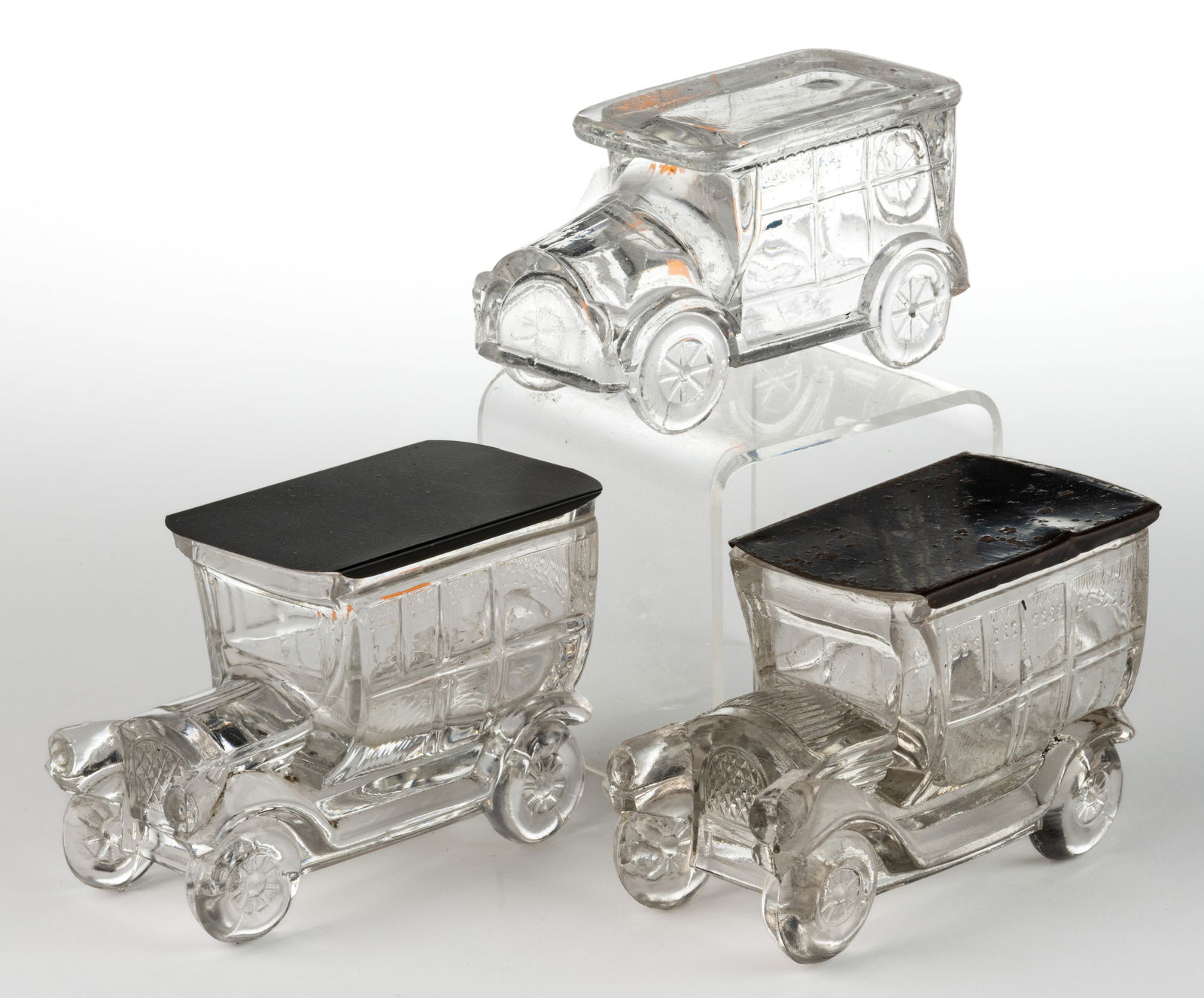 ASSORTED FIGURAL HEARSE / AUTOMOBILE PRESSED GLASS CANDY CONTAINERS, LOT OF THREE (1 of 1)