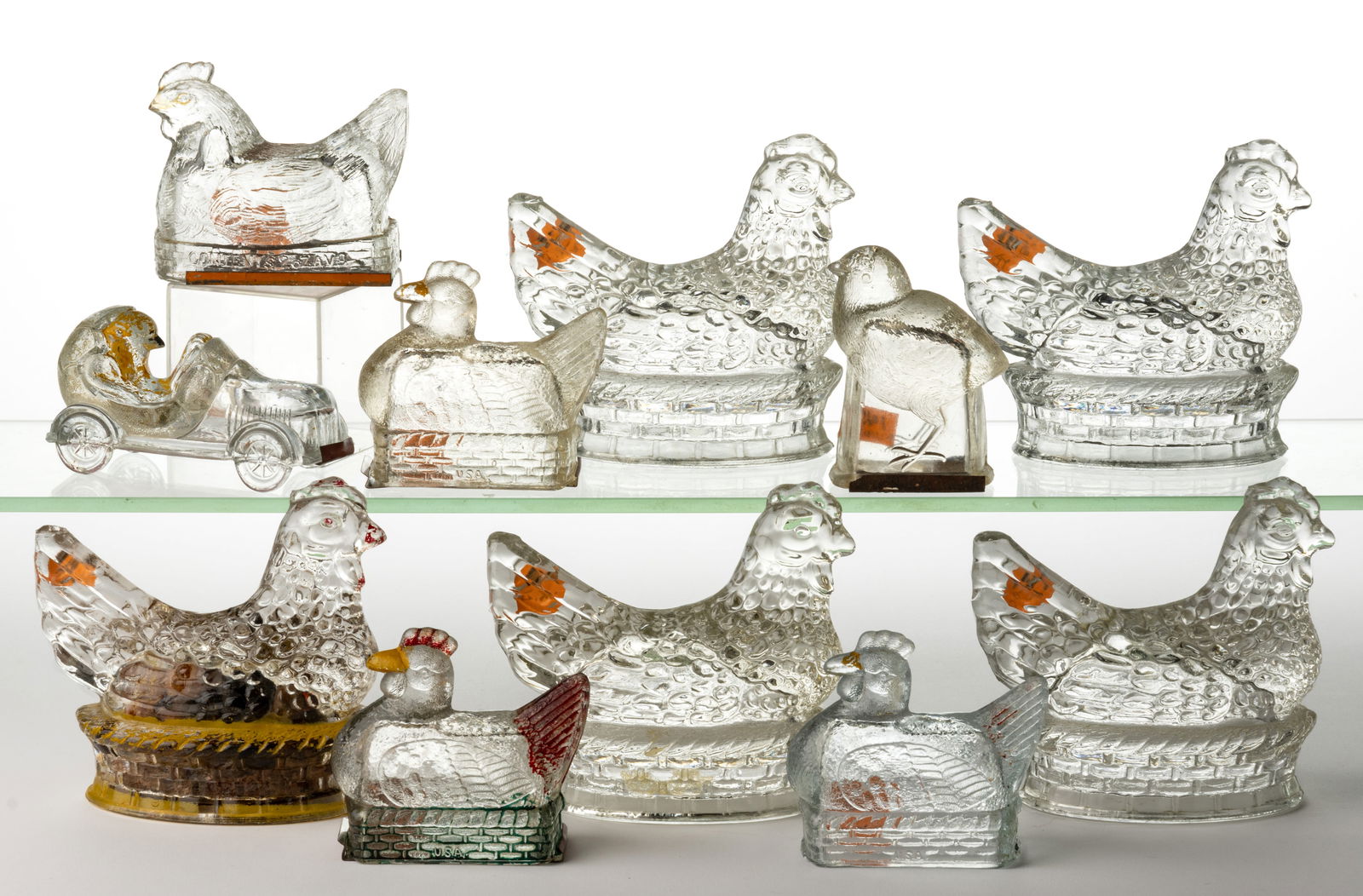 ASSORTED FIGURAL CHICKEN / CHICK PRESSED GLASS CANDY CONTAINERS, LOT OF 11 (1 of 1)