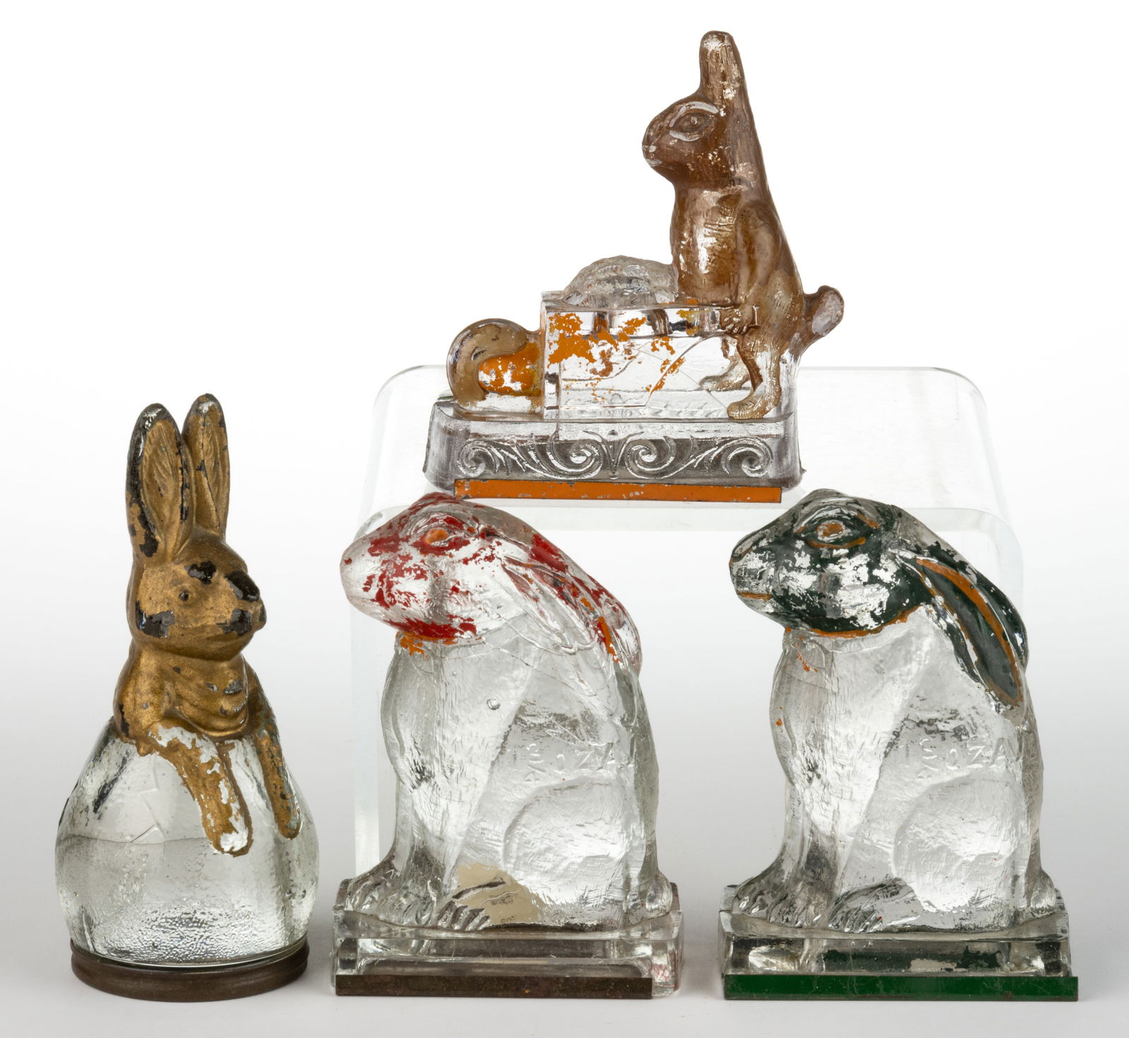 ASSORTED FIGURAL RABBIT / EASTER THEME PRESSED GLASS CANDY CONTAINERS, LOT OF FOUR (1 of 2)
