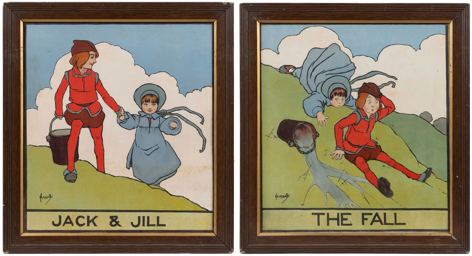 JOHN HASSALL (ENGLISH, 1868-1948) JACK AND JILL NURSERY RHYME LITHOGRAPHS, A PAIR: JOHN HASSALL (ENGLISH, 1868-1948) JACK AND JILL NURSERY RHYME LITHOGRAPHS, A PAIR, featuring two Art Deco depictions of the nursery rhyme of Jack and Jill depicting them walking up the infamous hill,