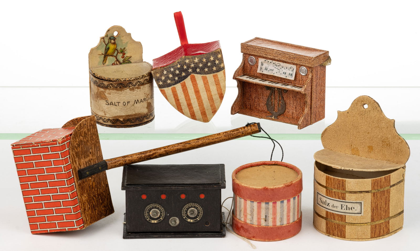 GERMAN DRESDEN CANDY CONTAINER CHRISTMAS ORNAMENTS, LOT OF SEVEN (1 of 1)