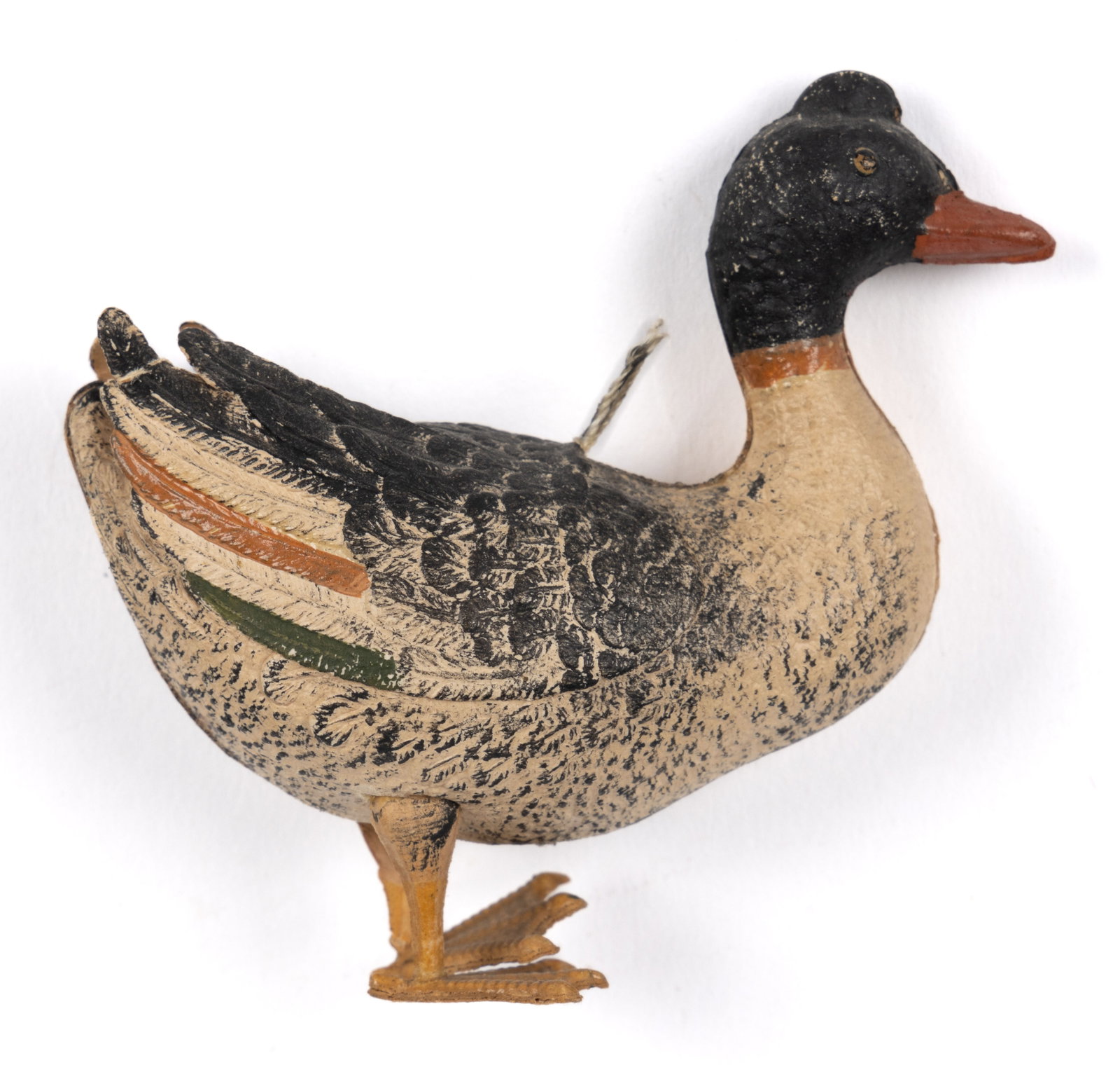 DRESDEN DUCK / MALLORD CHRISTMAS ORNAMENT: DRESDEN DUCK / MALLORD CHRISTMAS ORNAMENT, constructed of pressed paperboard with very fine detailing and intricate realistic polychrome painted details. Late 19th/early 20th century. 2 3/4" HOA.