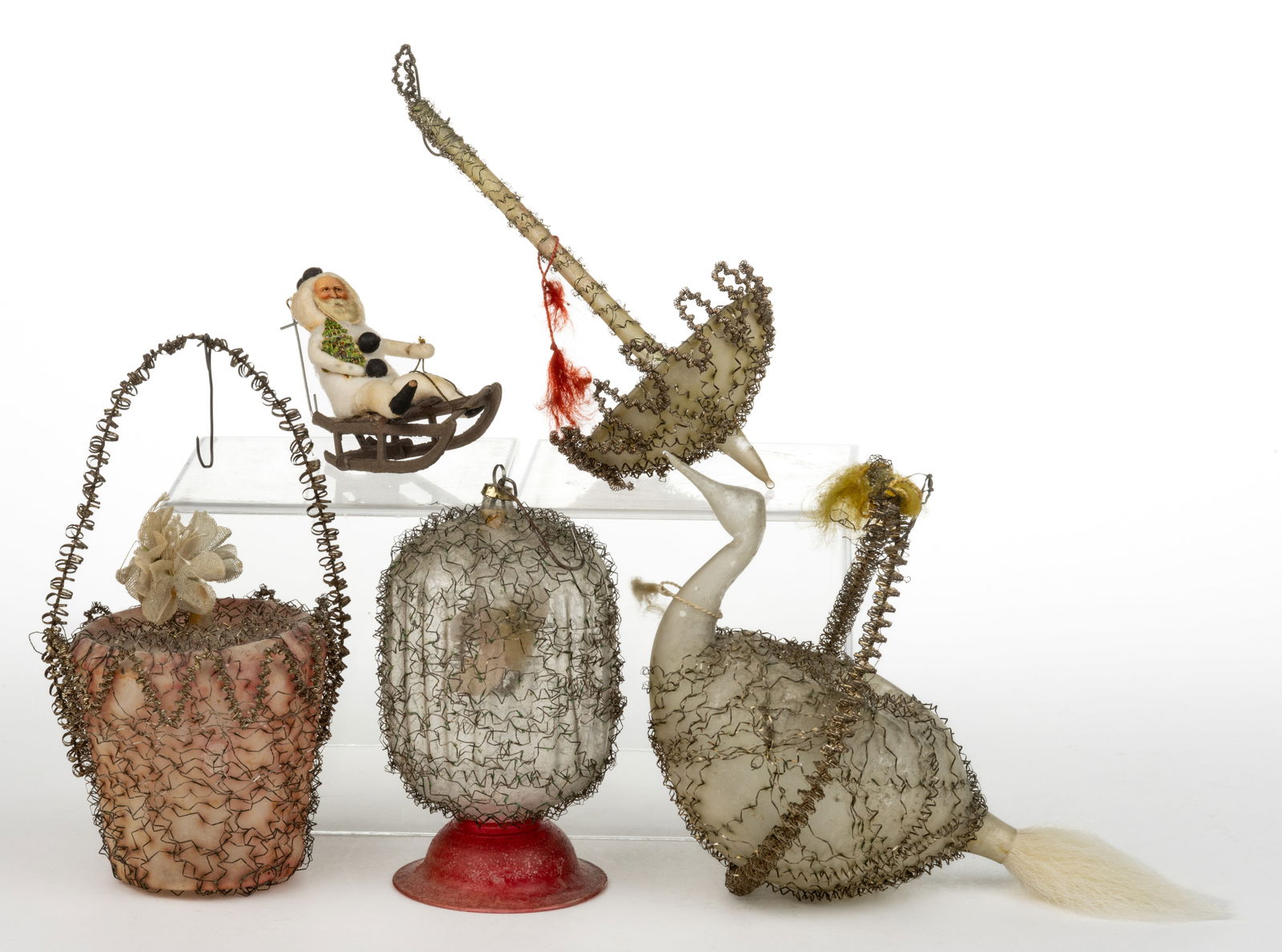 GERMAN BLOWN-GLASS VICTORIAN WIRE-WRAPPED ORNAMENTS, LOT OF FIVE (1 of 3)