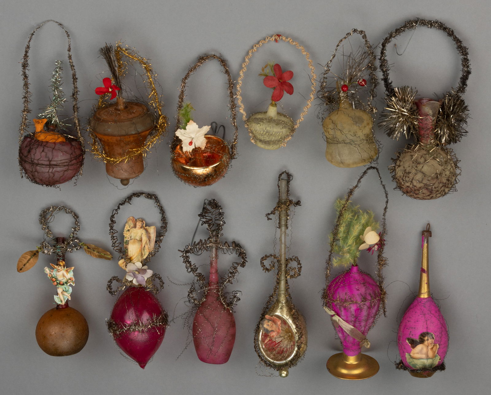 GERMAN BLOWN-GLASS VICTORIAN WIRE-WRAPPED CHRISTMAS ORNAMENTS, LOT OF 12 (1 of 1)