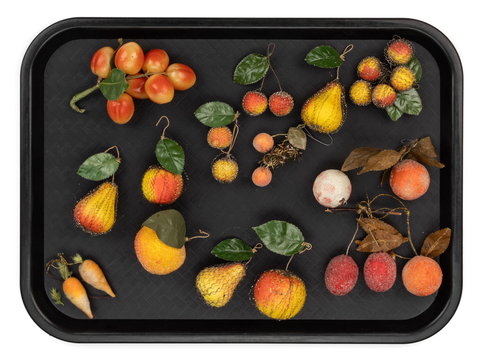 GERMAN SPUN COTTON CHRISTMAS ORNAMENTS, LOT OF 14: GERMAN SPUN COTTON CHRISTMAS ORNAMENTS, LOT OF 14, all of fruit or berry form, including several wire-wrapped examples, some with leaves added, another connected to the branch at the top. Some fi