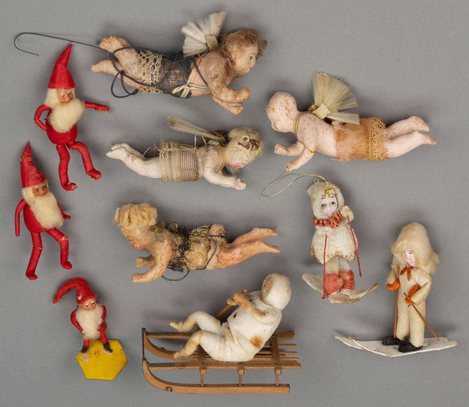 GERMAN / JAPANESE SPUN-COTTON AND COMPOSITION CHRISTMAS ORNAMENTS, LOT OF TEN (1 of 1)