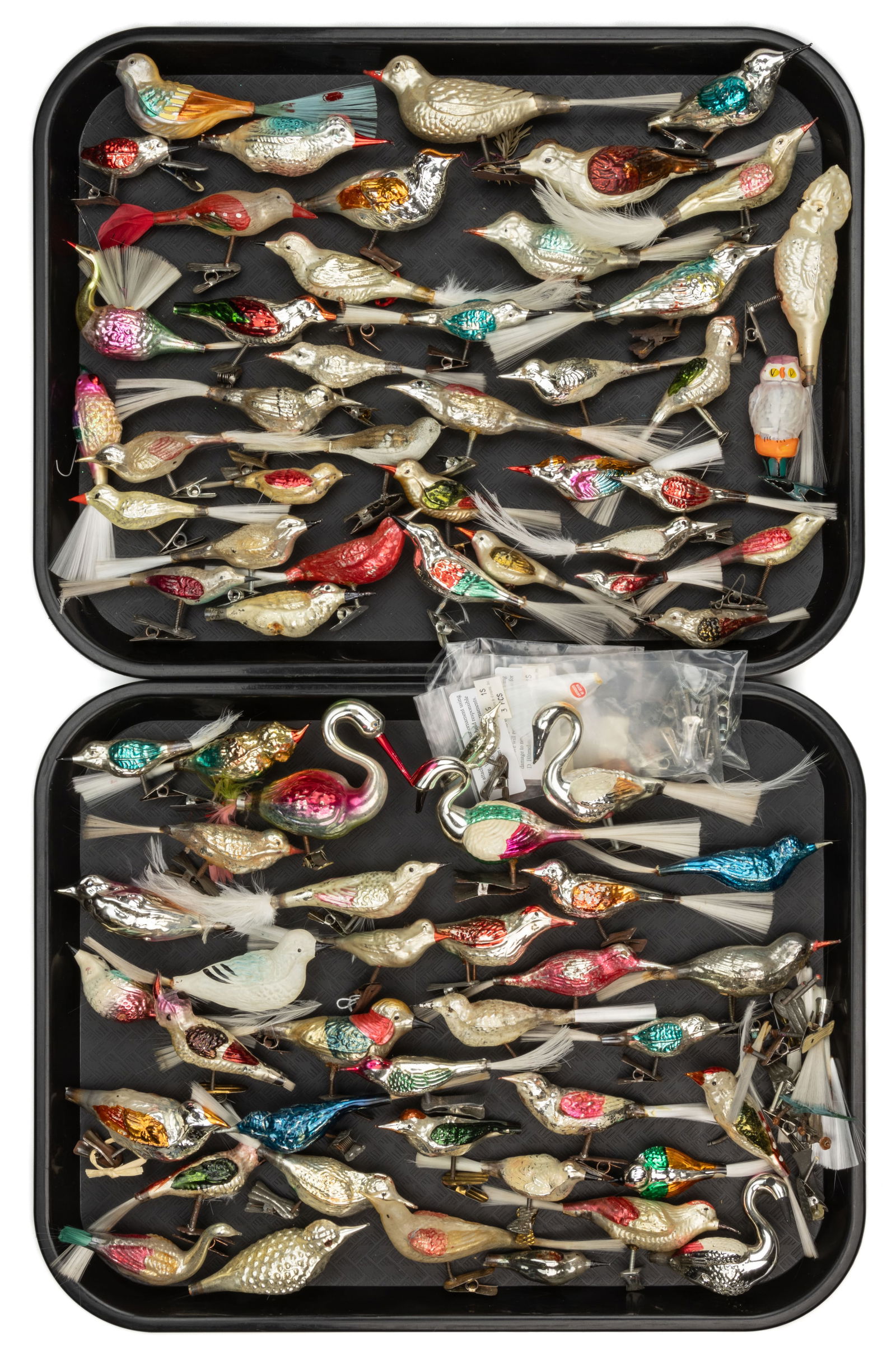 GERMAN BLOWN-GLASS FIGURAL BIRD CHRISTMAS ORNAMENTS, UNCOUNTED LOT: GERMAN BLOWN-GLASS FIGURAL BIRD CHRISTMAS ORNAMENTS, UNCOUNTED LOT, including various breeds, poses and styles, many with clip-on feet and several with annealed hanging hooks on their backs, most have