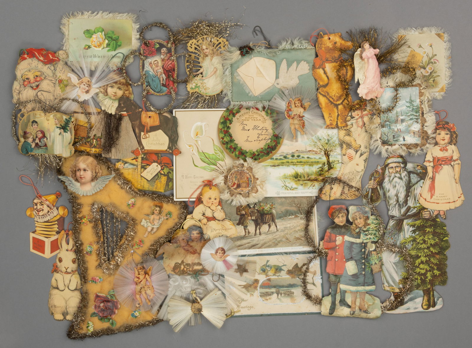 GERMAN VICTORIAN SCRAP AND TINSEL CHRISTMAS ORNAMENTS, UNCOUNTED LOT (1 of 1)