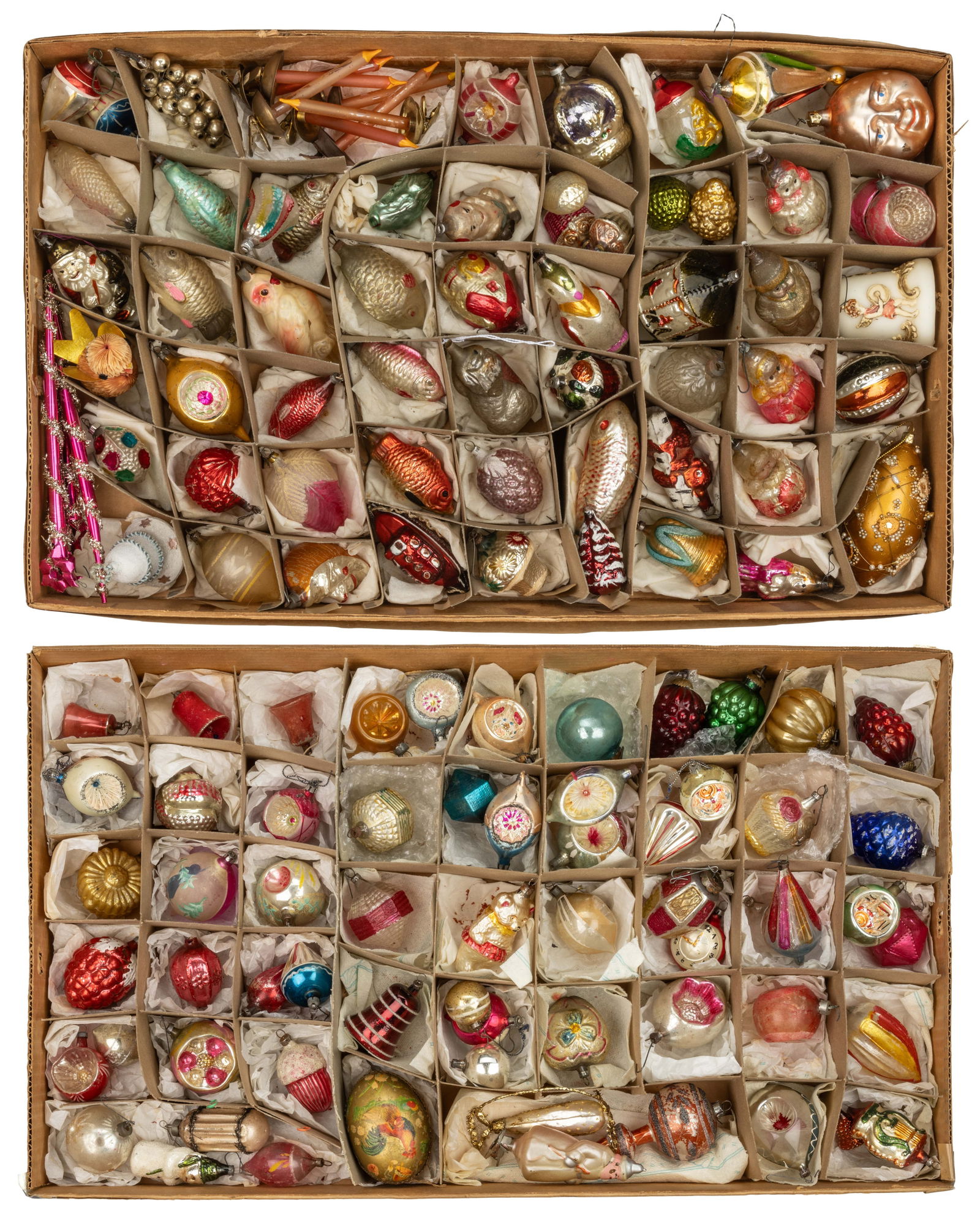 GERMAN BLOWN-GLASS FIGURAL CHRISTMAS ORNAMENTS, LARGE UNCOUNTED LOT (1 of 3)