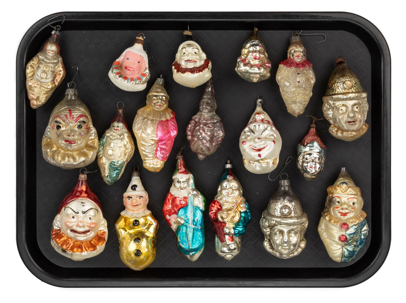 GERMAN BLOWN-GLASS FIGURAL CLOWN CHRISTMAS ORNAMENTS, LOT OF 18 (1 of 1)