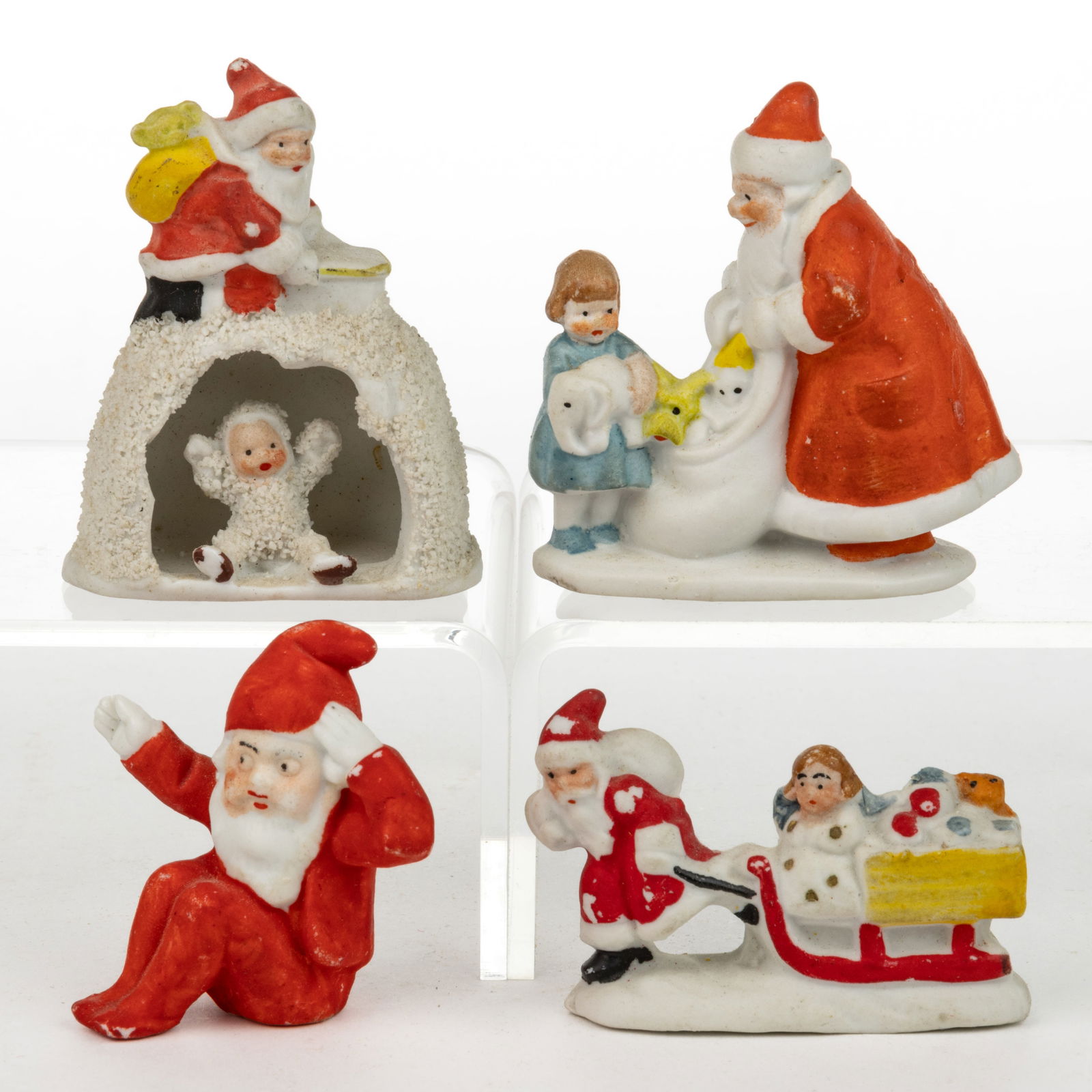 GERMAN BISQUE SNOWBABY CHRISTMAS CAKE DECORATION FIGURES, LOT OF FOUR (1 of 1)
