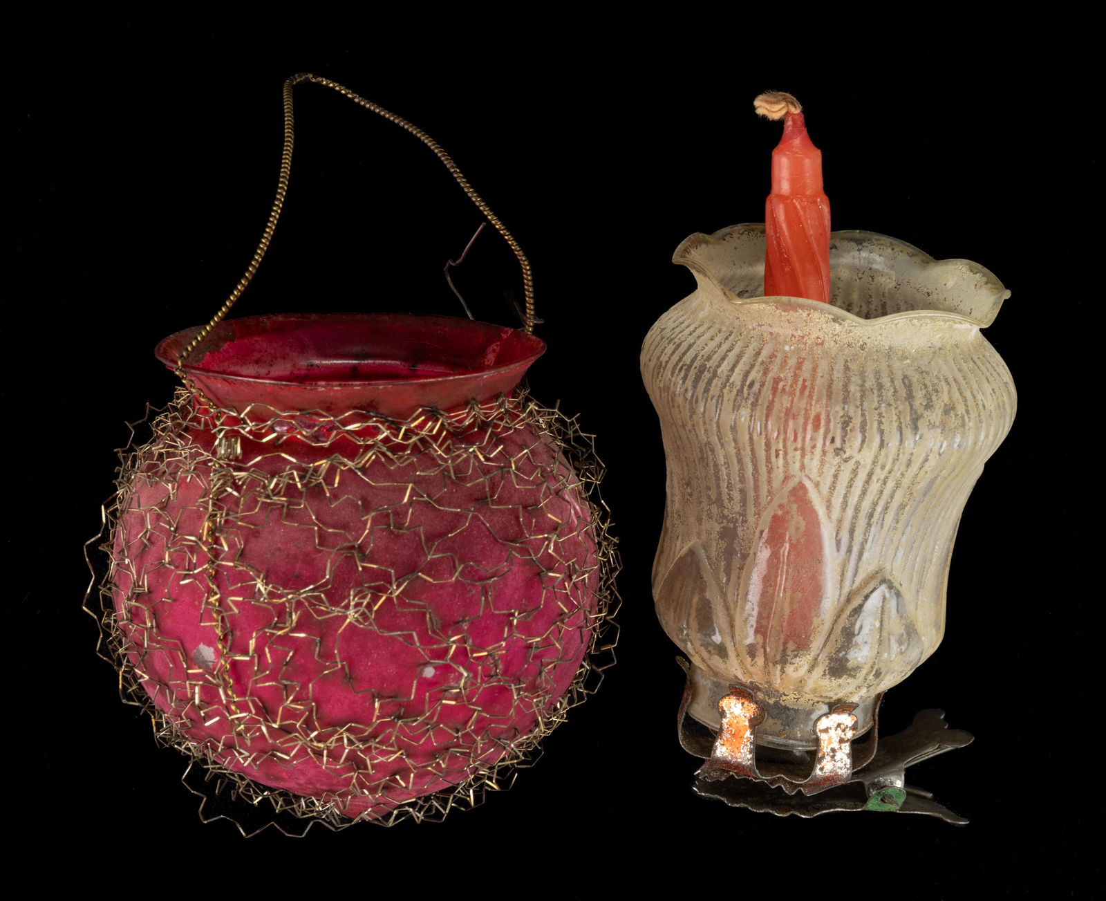 GERMAN BLOWN-GLASS FIGURAL CHRISTMAS CANDLE-CLIP LANTERN SHADE AND CAULDRON, LOT OF TWO (1 of 1)