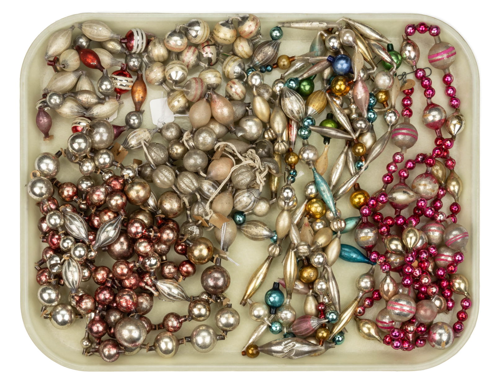 ASSORTED ANTIQUE GERMAN MERCURY GLASS CHRISTMAS TREE GARLANDS, SIX STRANDS (1 of 1)