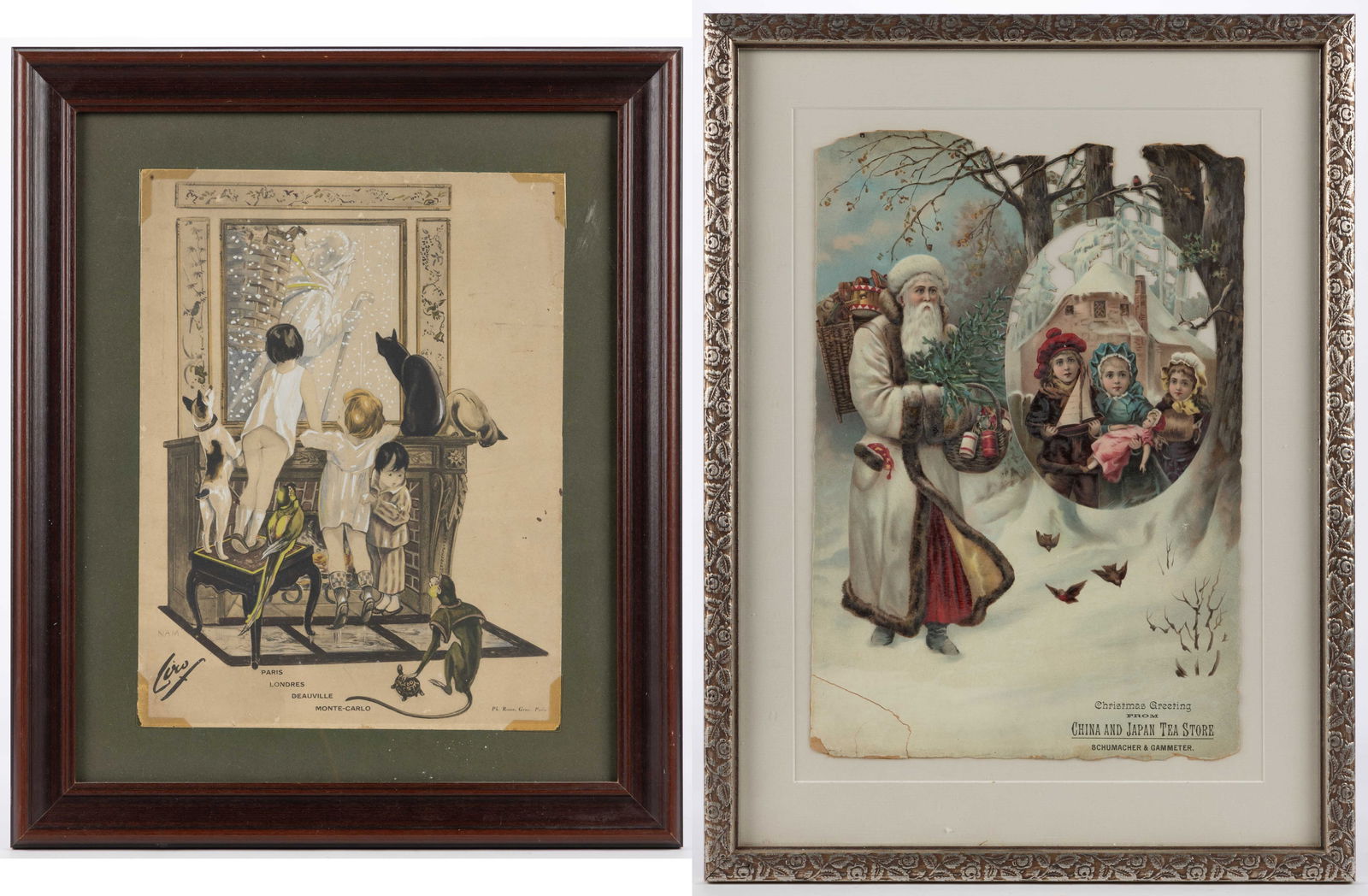 FRENCH AND GERMAN FRAMED SANTA CLAUS LITHOGRAPHS, LOT OF TWO (1 of 4)