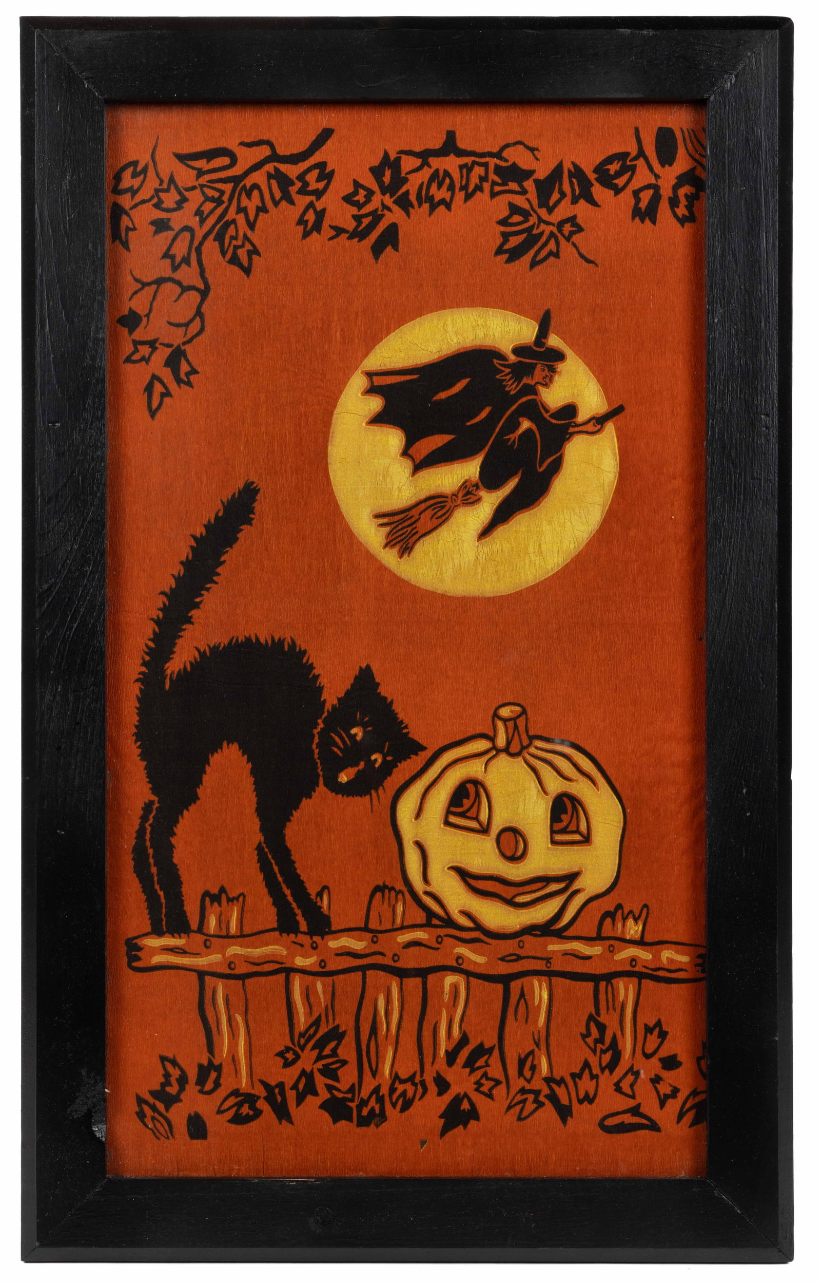 AMERICAN VINTAGE HALLOWEEN FRAMED PRINTED CREPE PAPER FRAGMENT: AMERICAN VINTAGE HALLOWEEN FRAMED PRINTED CREPE PAPER FRAGMENT, featuring a black cat on a fence next to a jack-o-lantern with a witch flying across the moon in the background. Cut down to a single re