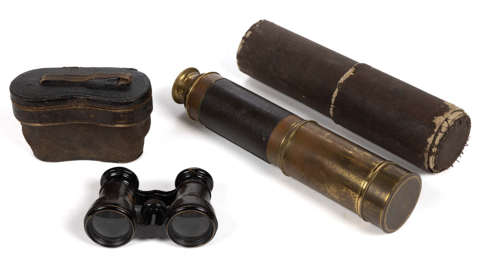 BRASS OPTICAL TELESCOPING MONOCULAR SPYGLASS AND FRENCH BINOCULARS, LOT OF TWO (1 of 5)