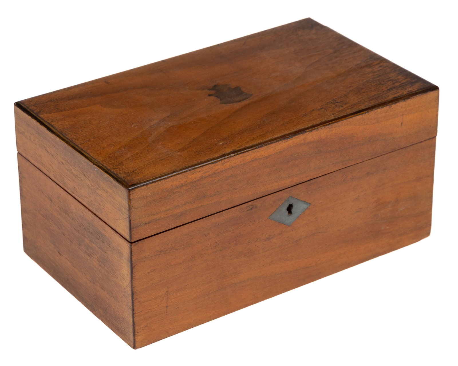 GERMAN INLAID WALNUT APOTHECARY / MEDICAL CASE: GERMAN INLAID WALNUT APOTHECARY / MEDICAL CASE, the rectangular case with a shield-form inlaid medallion in the center of the lid and a metal diamond-shaped escutcheon, the interior fitted with a