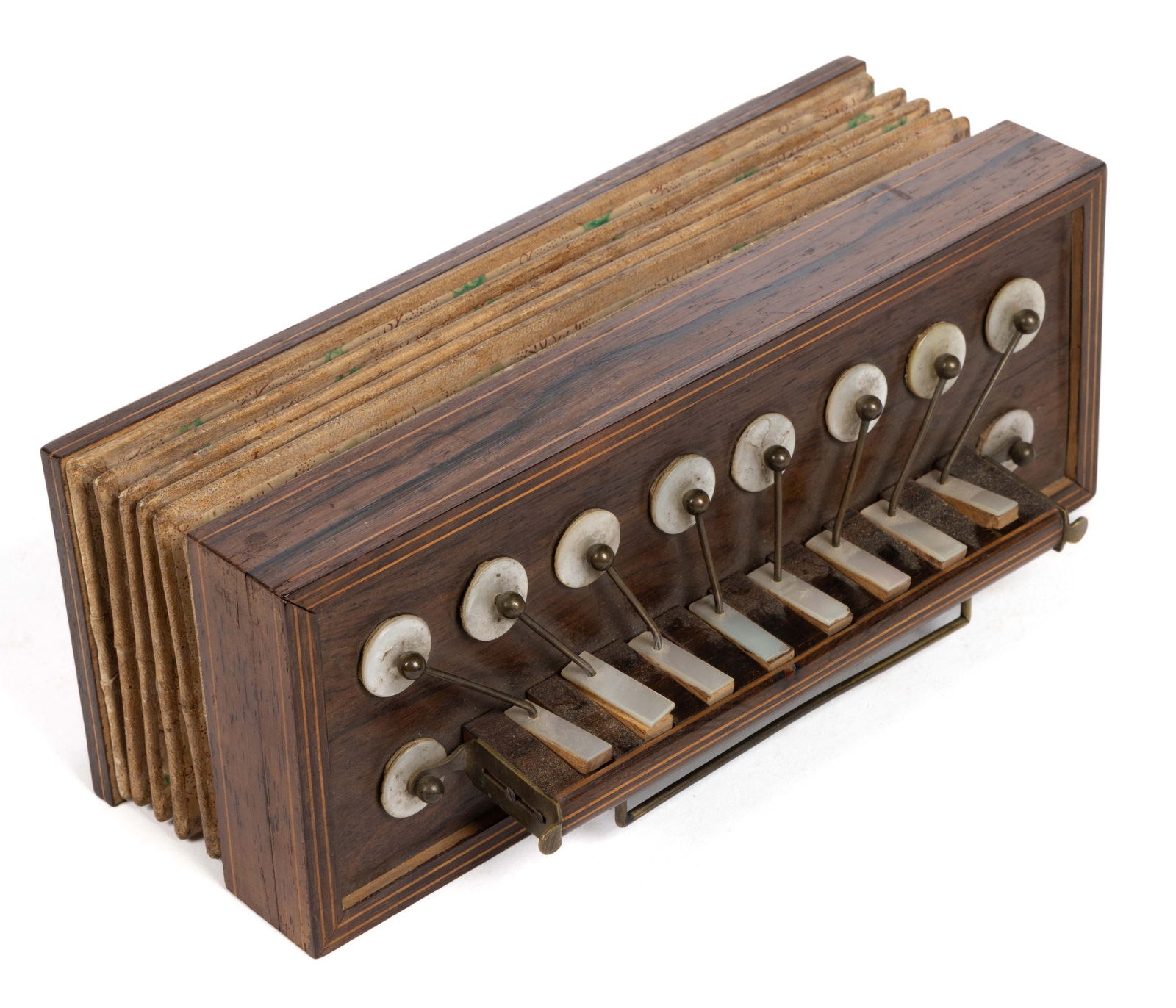 FRENCH WOODEN FLUTINA / CONCERTINA MUSICAL INSTRUMENT: FRENCH WOODEN FLUTINA / CONCERTINA MUSICAL INSTRUMENT, rectangular form with inlaid lines, four-folds of paper bellows with a brown and green foliage pattern, mother-of-pearl treble buttons/