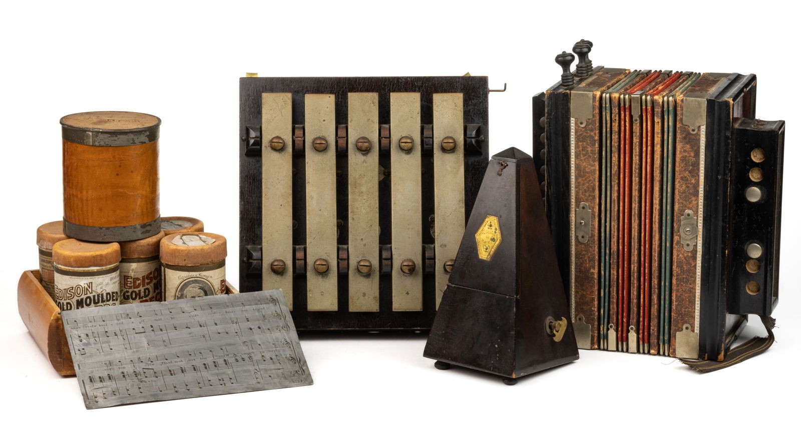 ASSORTED ANTIQUE MUSICAL INSTRUMENTS AND ARTICLES, LOT OF TEN (1 of 1)