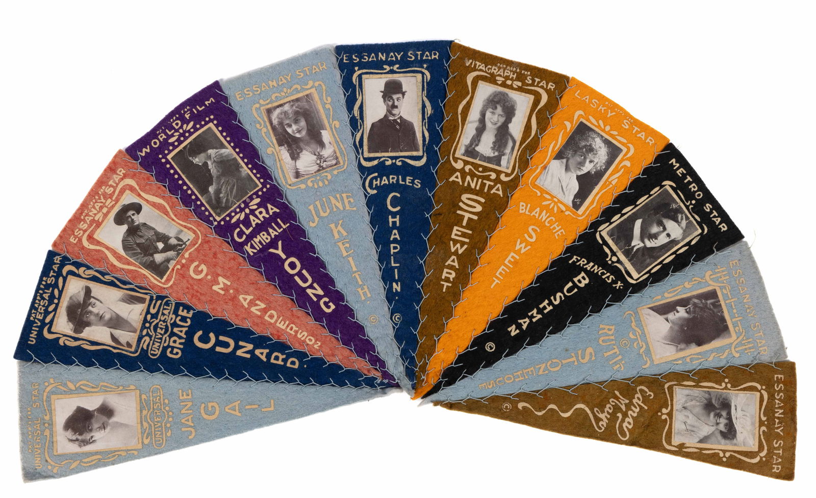 SILENT FILM ERA MOVIE STAR FELT PENNANTS, LOT OF 11 (1 of 2)