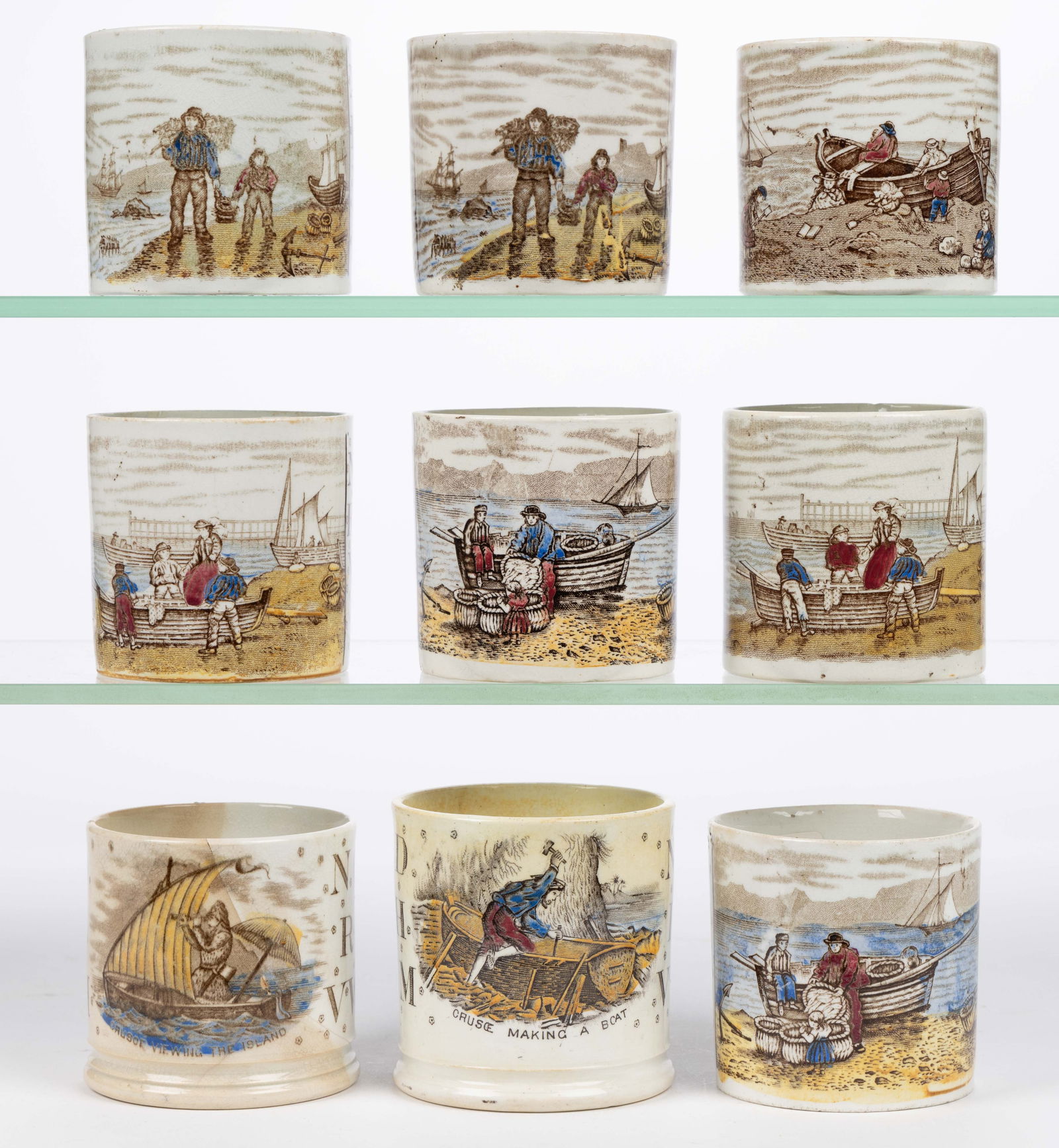 ENGLISH TRANSFER-PRINTED CERAMIC NAUTICAL / SEASIDE MOTIF CHILDREN'S ABC MUGS, LOT OF NINE (1 of 2)