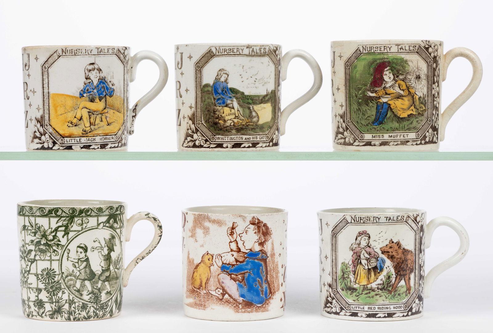 ENGLISH TRANSFER-PRINTED CERAMIC CHILDREN'S ABC MUGS, LOT OF SIX (1 of 2)