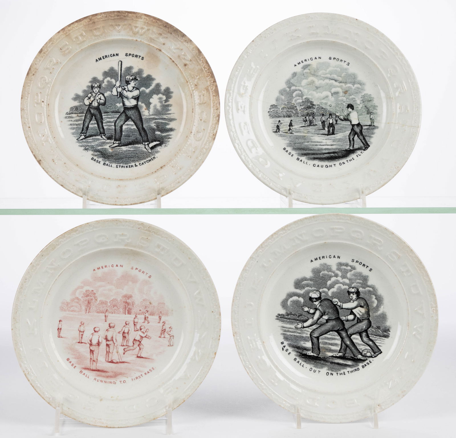 BRITISH TRANSFER-PRINTED CERAMIC "AMERICAN SPORTS" BASEBALL MOTIF CHILDREN'S ABC PLATES, LOT OF FOUR (1 of 1)