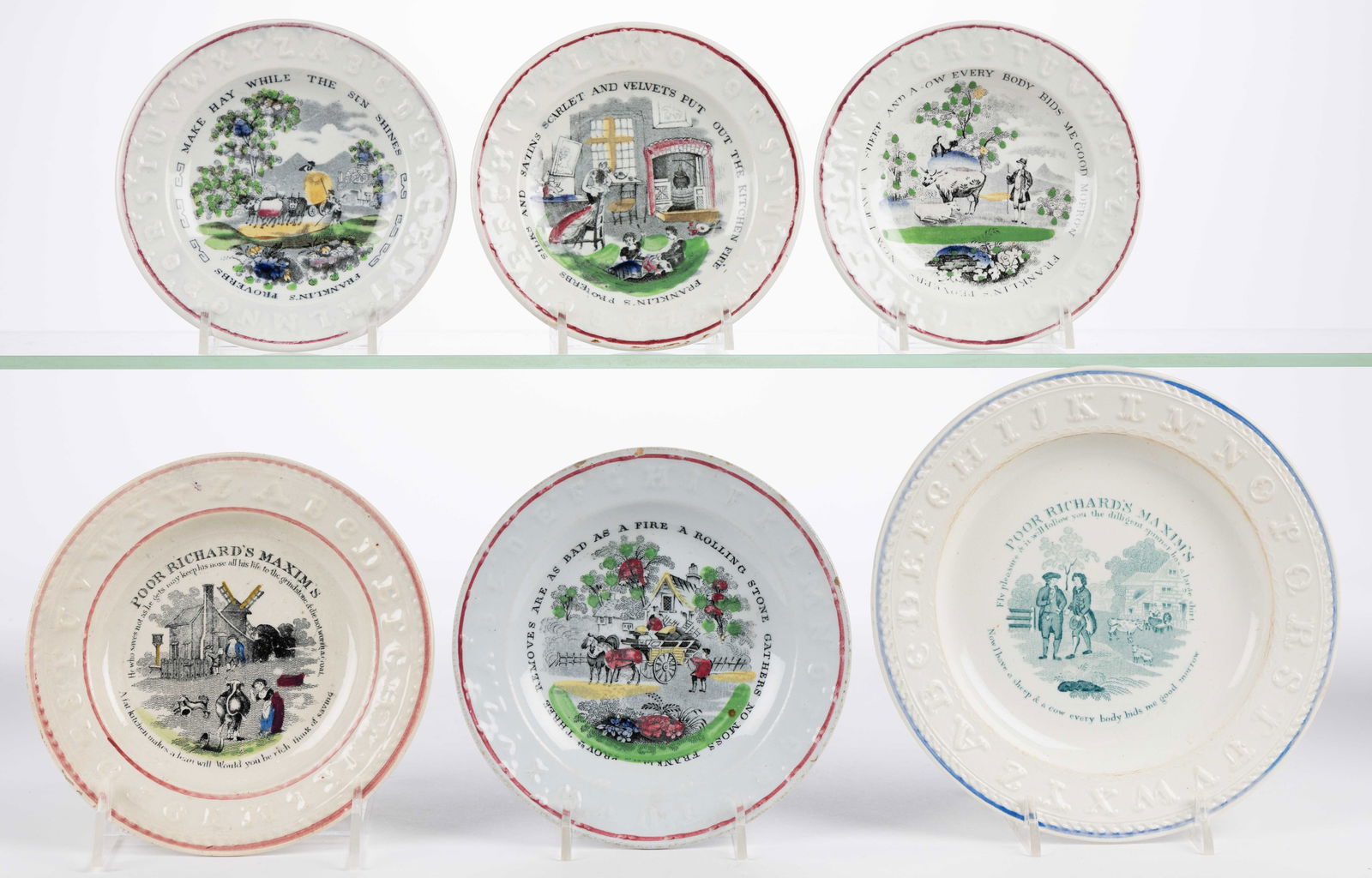 BRITISH TRANSFER-PRINTED CERAMIC MAXIM / PROVERB MOTIF CHILDREN'S ABC PLATES, LOT OF SIX (1 of 1)