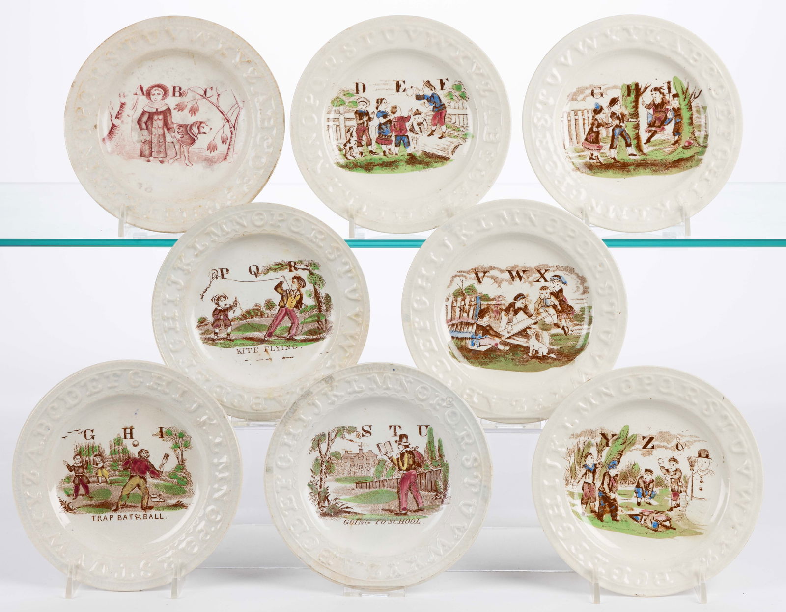 BRITISH TRANSFER-PRINTED CERAMIC CHILDREN'S ABC PLATES, LOT OF EIGHT (1 of 1)