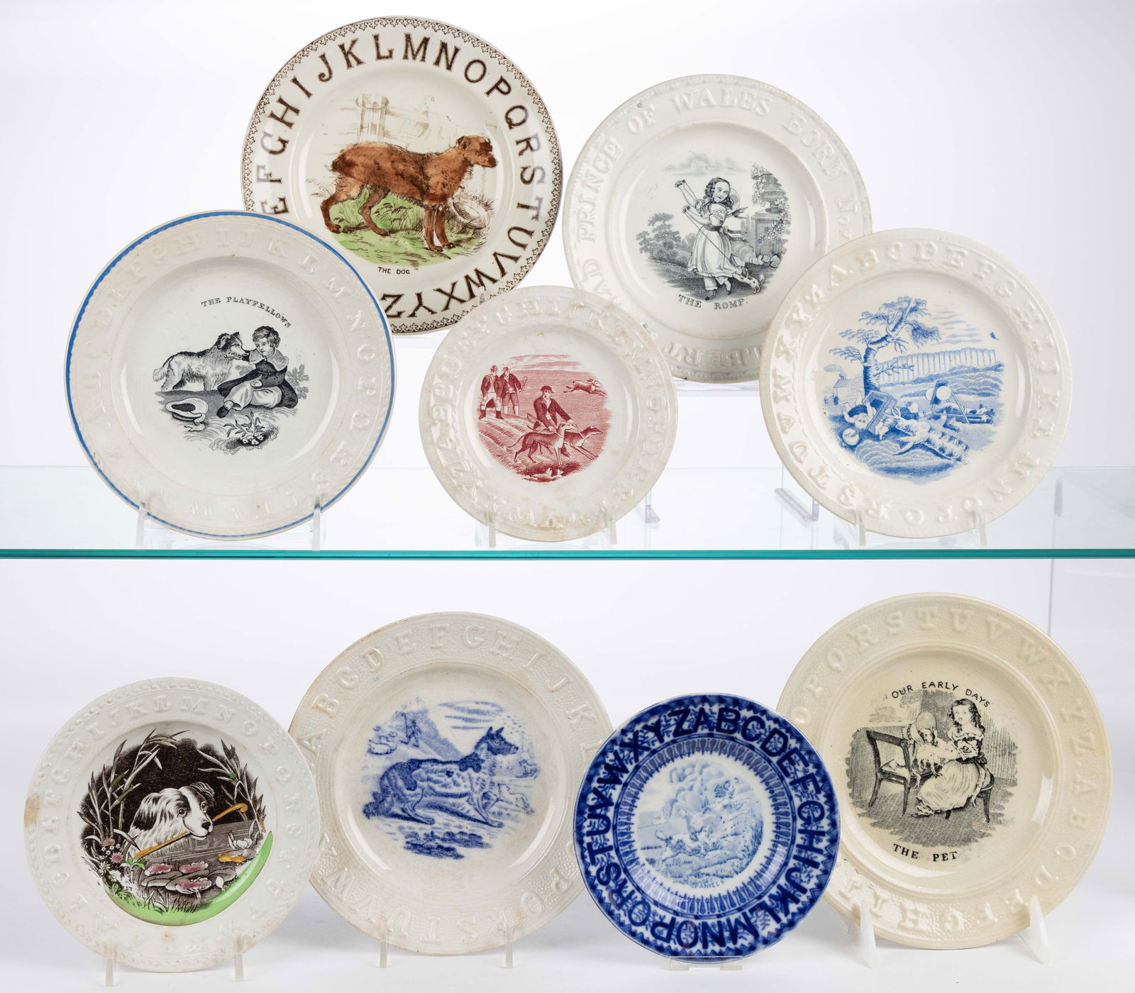 BRITISH TRANSFER-PRINTED CERAMIC DOG MOTIF CHILDREN'S ABC PLATES, LOT OF EIGHT (1 of 1)