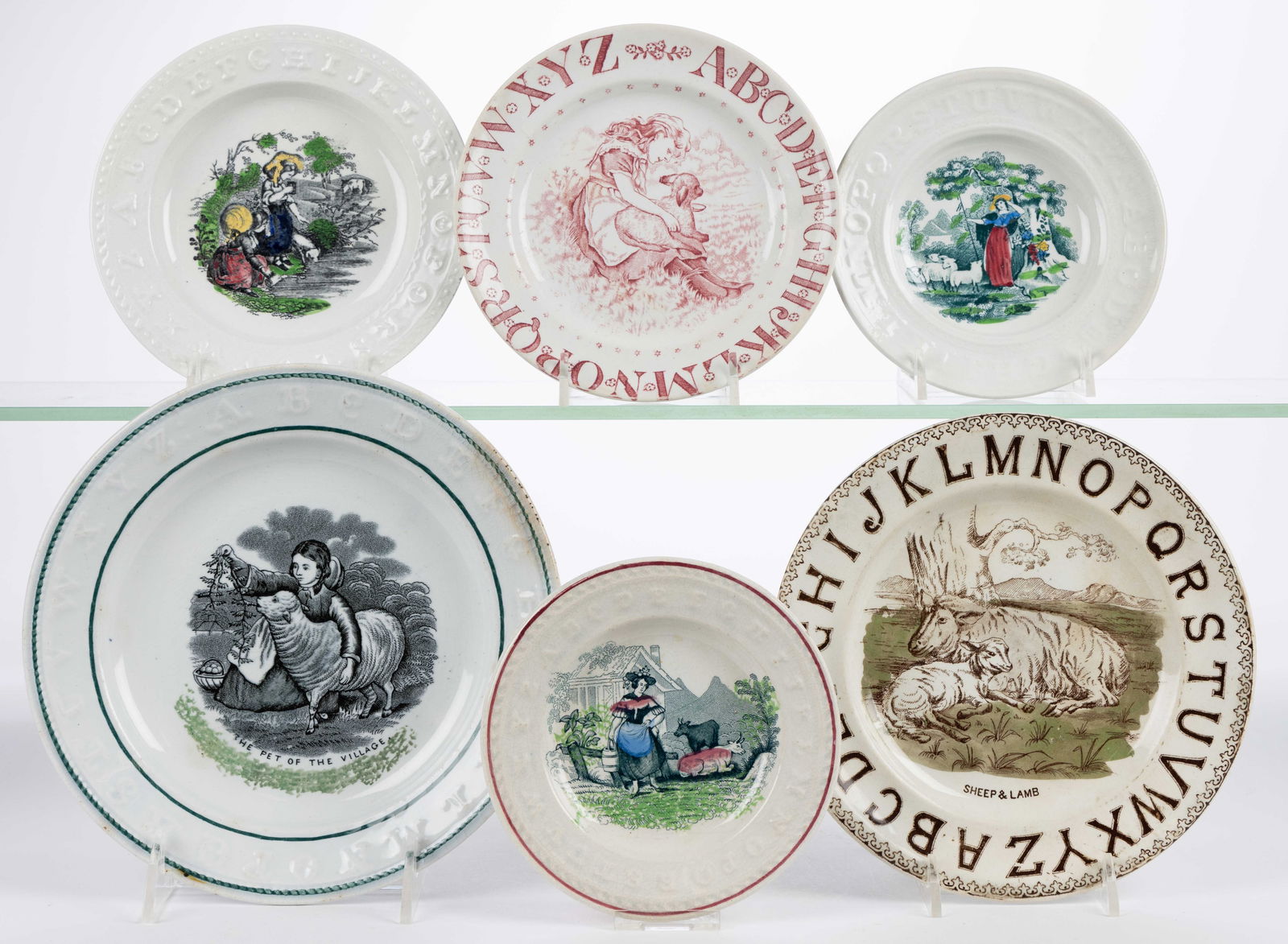 BRITISH TRANSFER-PRINTED CERAMIC FARM ANIMAL MOTIF CHILDREN'S ABC PLATES, LOT OF SIX (1 of 1)