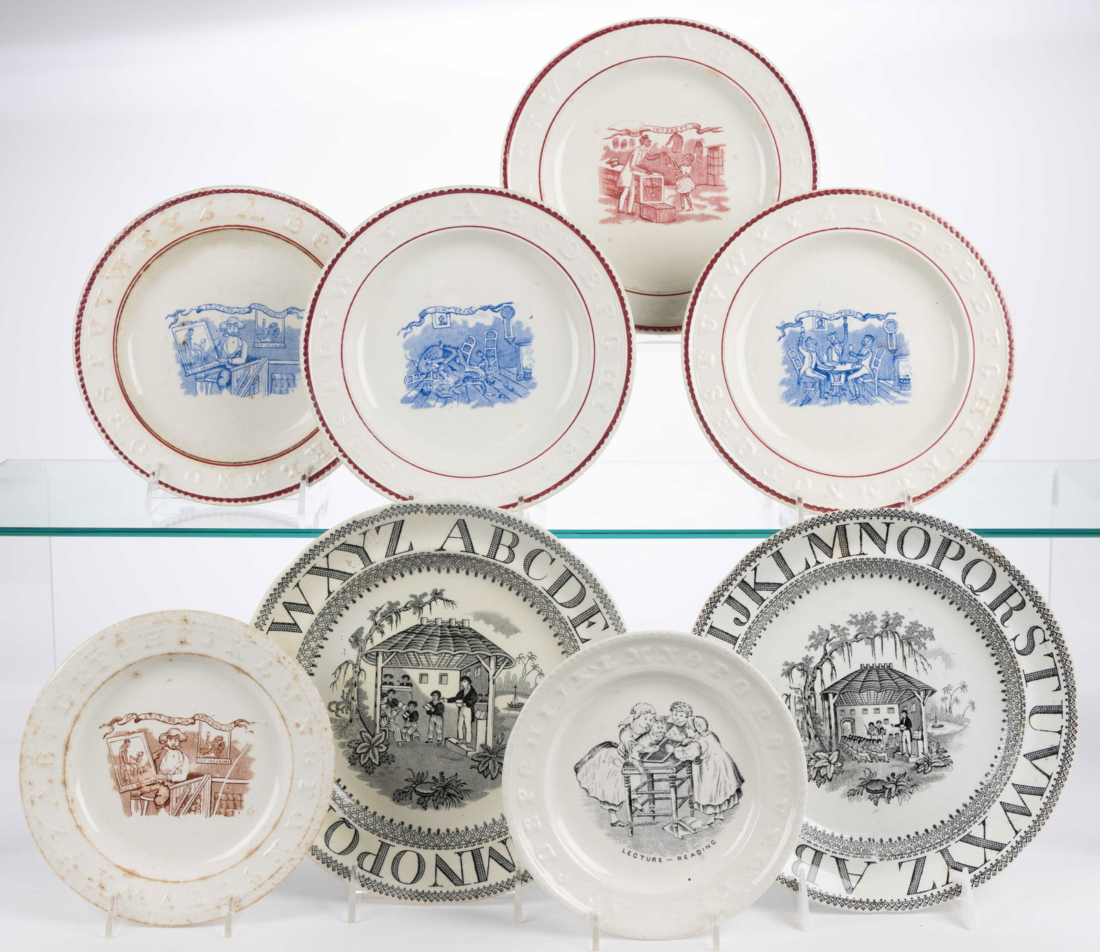 BRITISH TRANSFER-PRINTED CERAMIC EDUCATION / MATHEMATICS MOTIF CHILDREN'S ABC PLATES, LOT OF EIGHT (1 of 1)