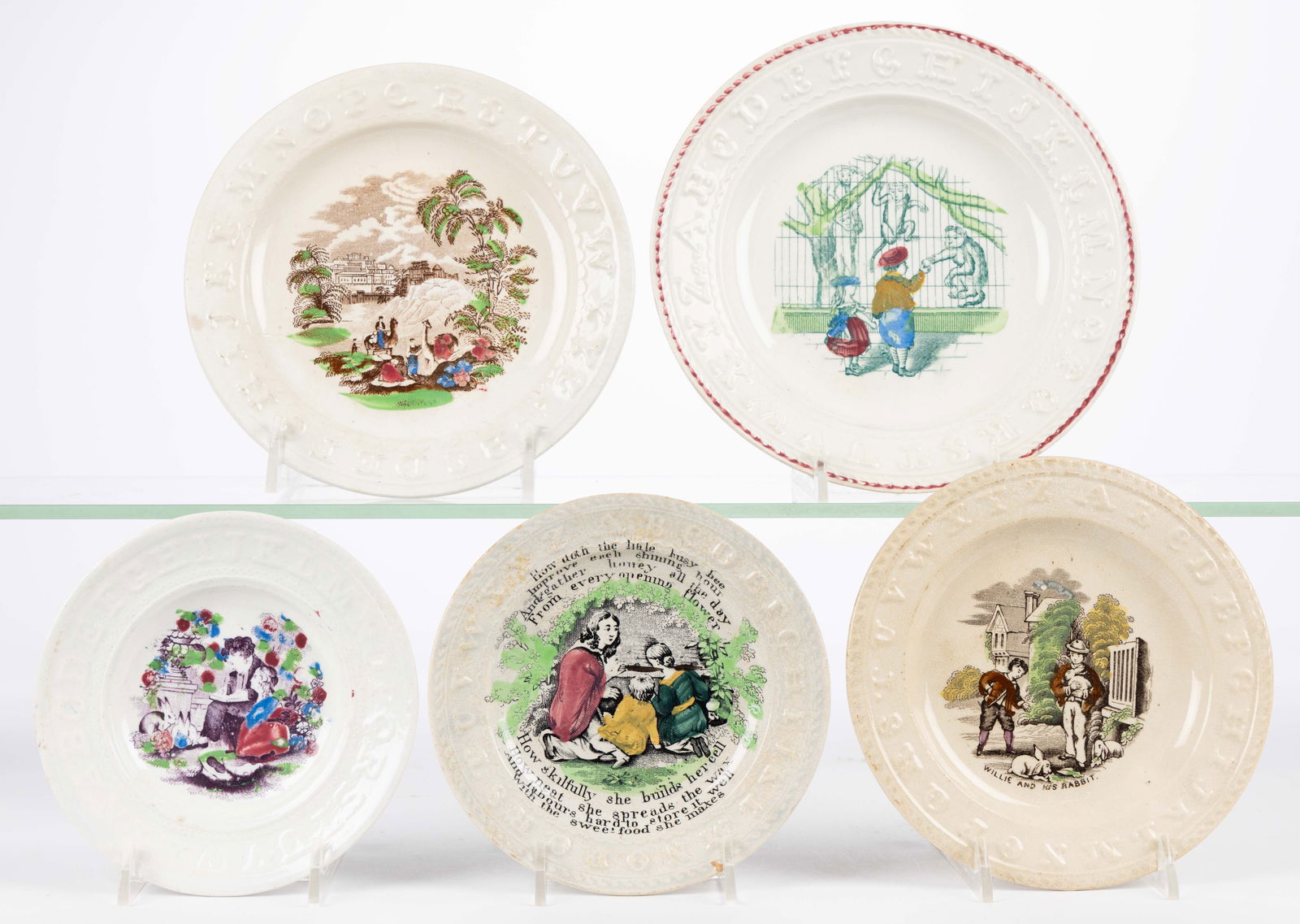 BRITISH TRANSFER-PRINTED CERAMIC ANIMAL MOTIF CHILDREN'S ABC PLATES, LOT OF FIVE (1 of 1)