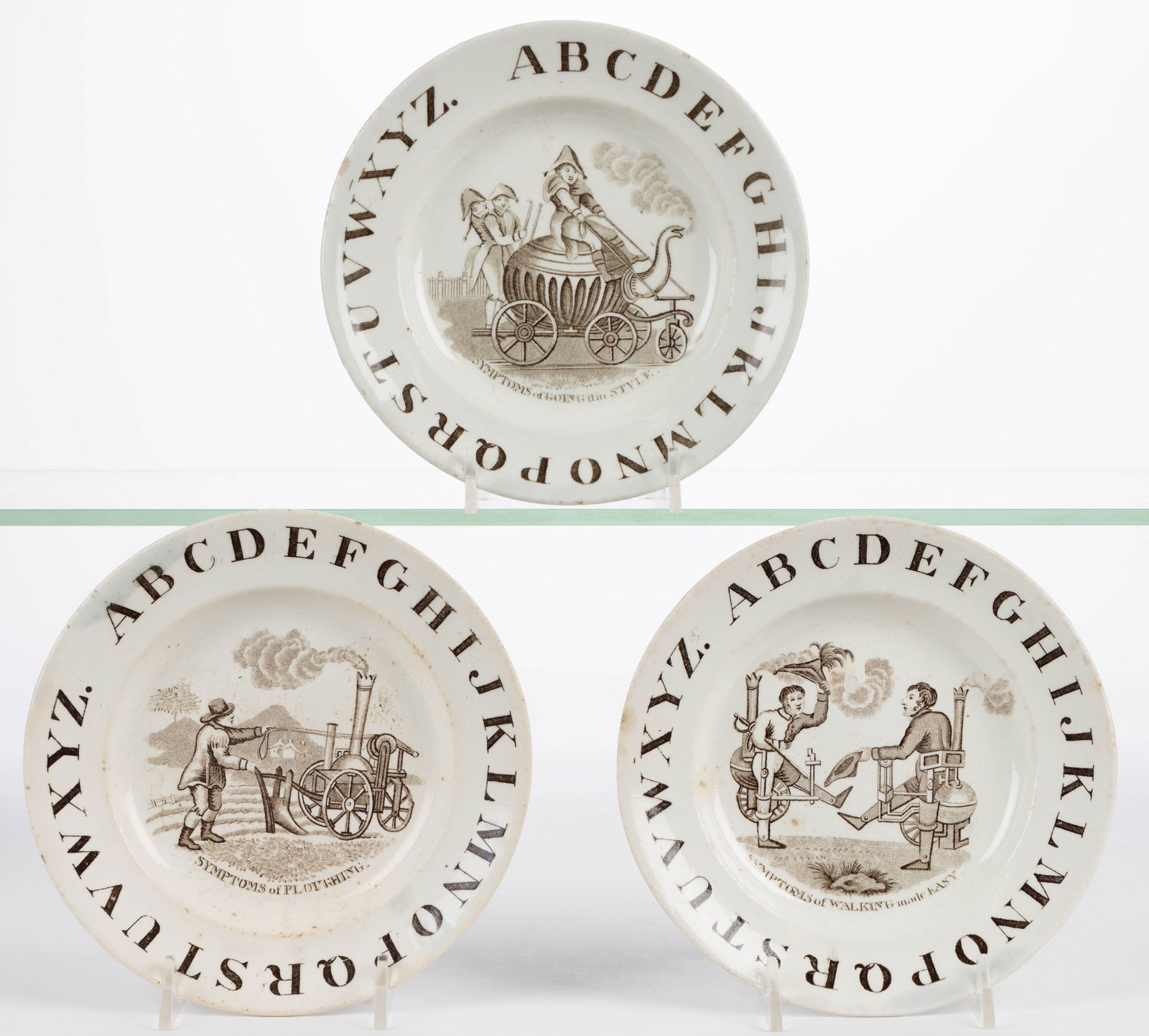 BRITISH TRANSFER-PRINTED CERAMIC FANTASY / STEAM INVENTIONS MOTIF CHILDREN'S ABC PLATES, LOT OF (1 of 1)