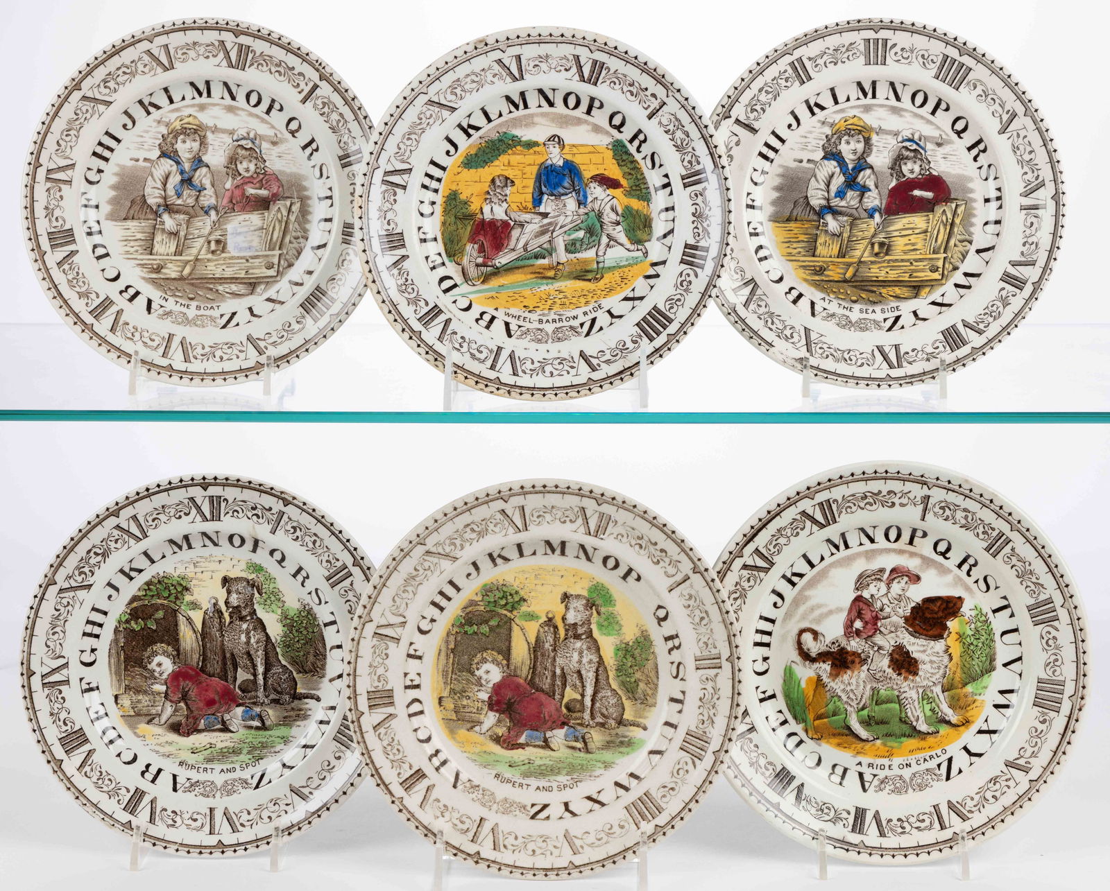 ENGLISH TRANSFER-PRINTED "CHILDREN'S CLOCK" SERIES ABC PLATES, LOT OF SIX (1 of 1)