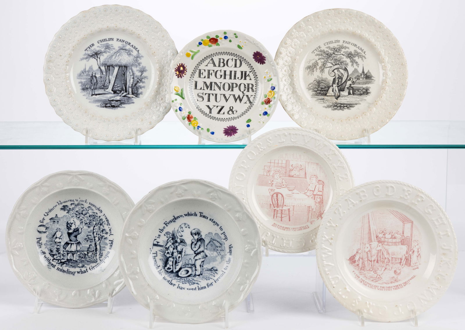 BRITISH TRANSFER-PRINTED CERAMIC CHILDREN'S ABC AND NUMBERS TABLE ARTICLES, LOT OF SEVEN (1 of 1)