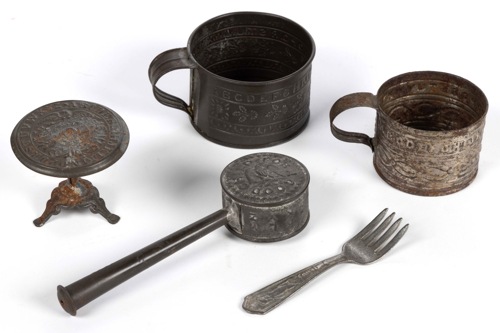 ASSORTED CHILDREN'S ABC STAMPED TIN ARTICLES, LOT OF FIVE (1 of 1)