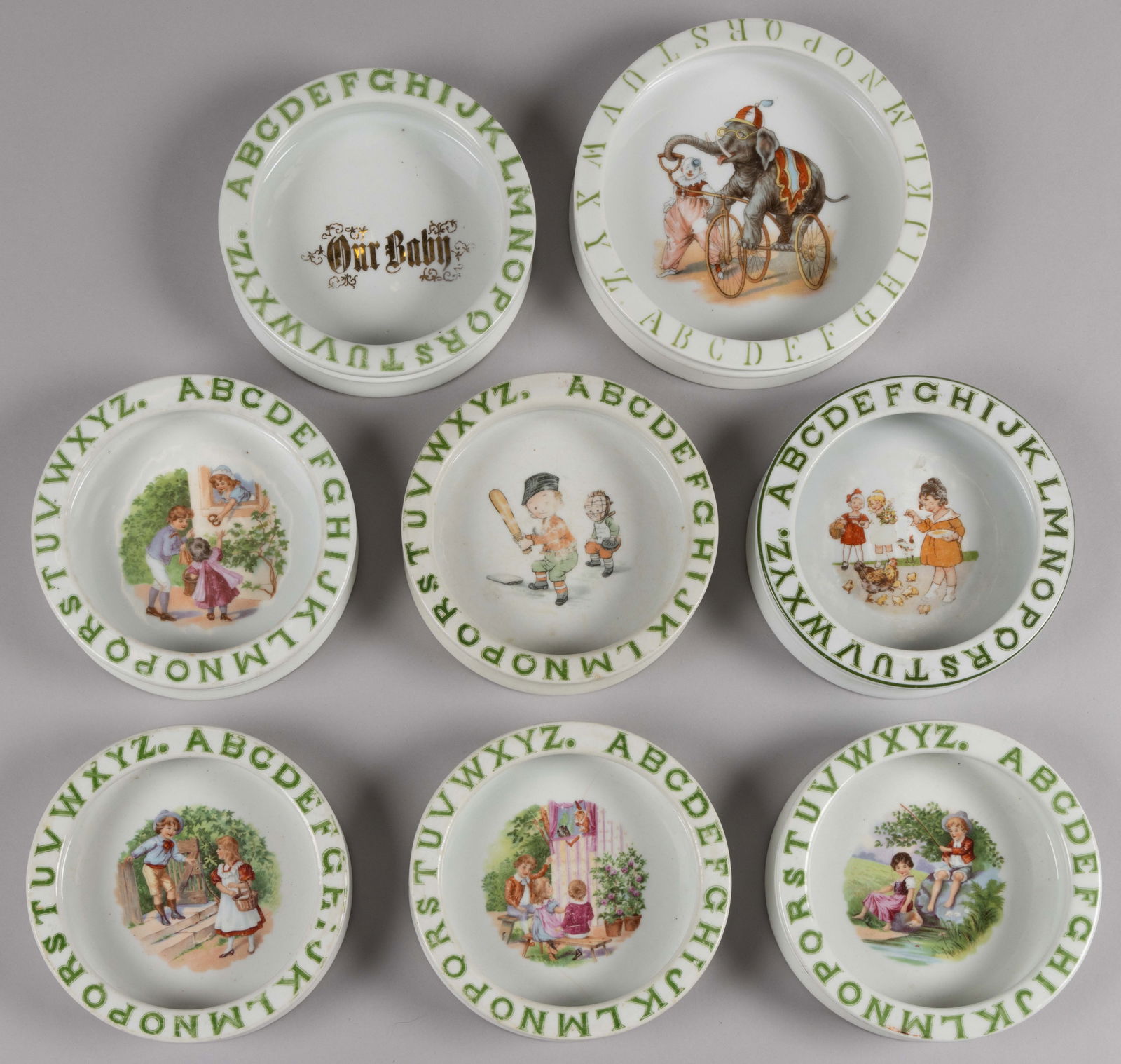 GERMAN DECAL-DECORATED PORCELAIN ABC BABY DISHES / PLATES, LOT OF EIGHT (1 of 1)