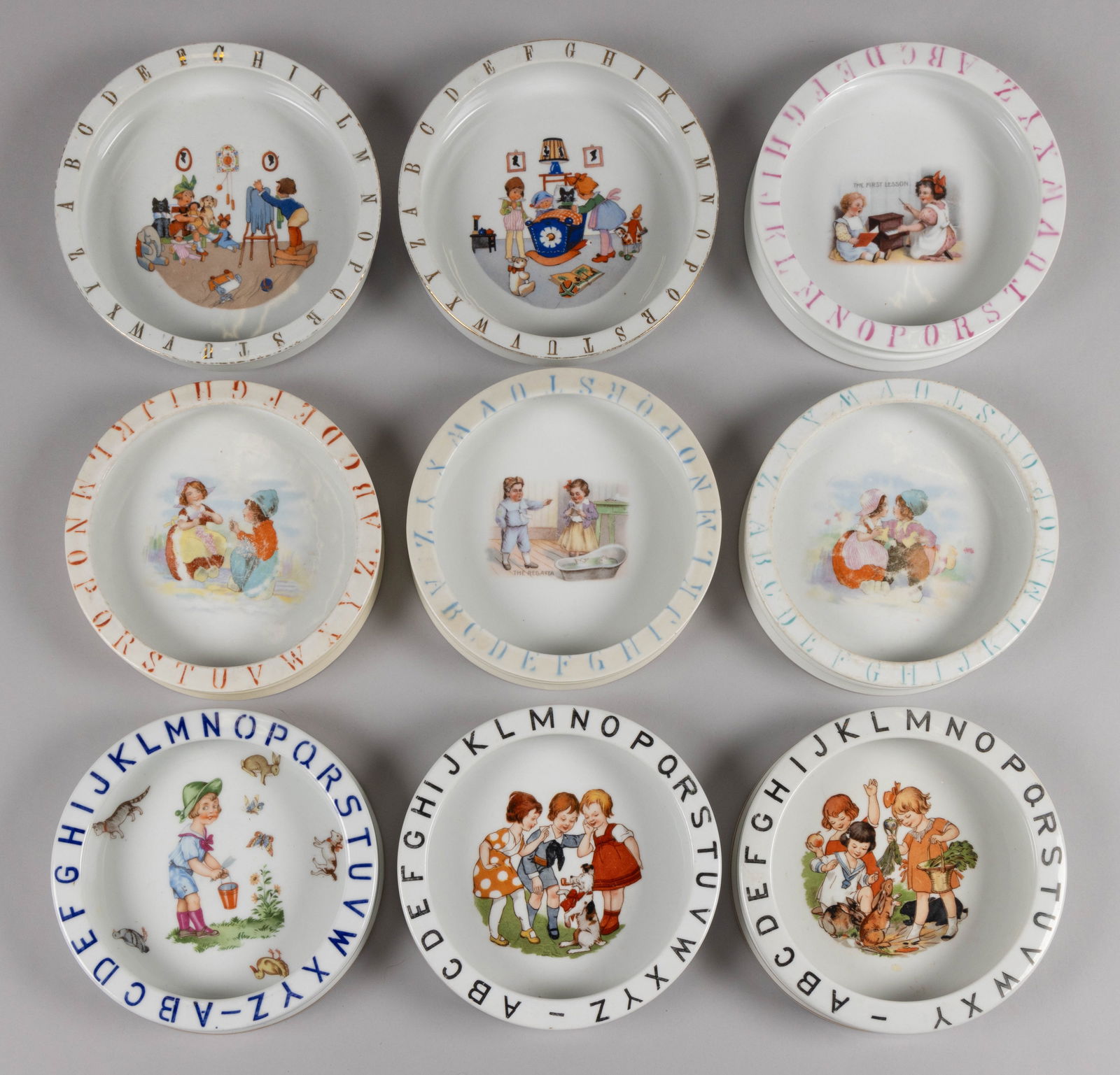 GERMAN DECAL-DECORATED PORCELAIN ABC BABY DISHES / PLATES, LOT OF NINE (1 of 1)