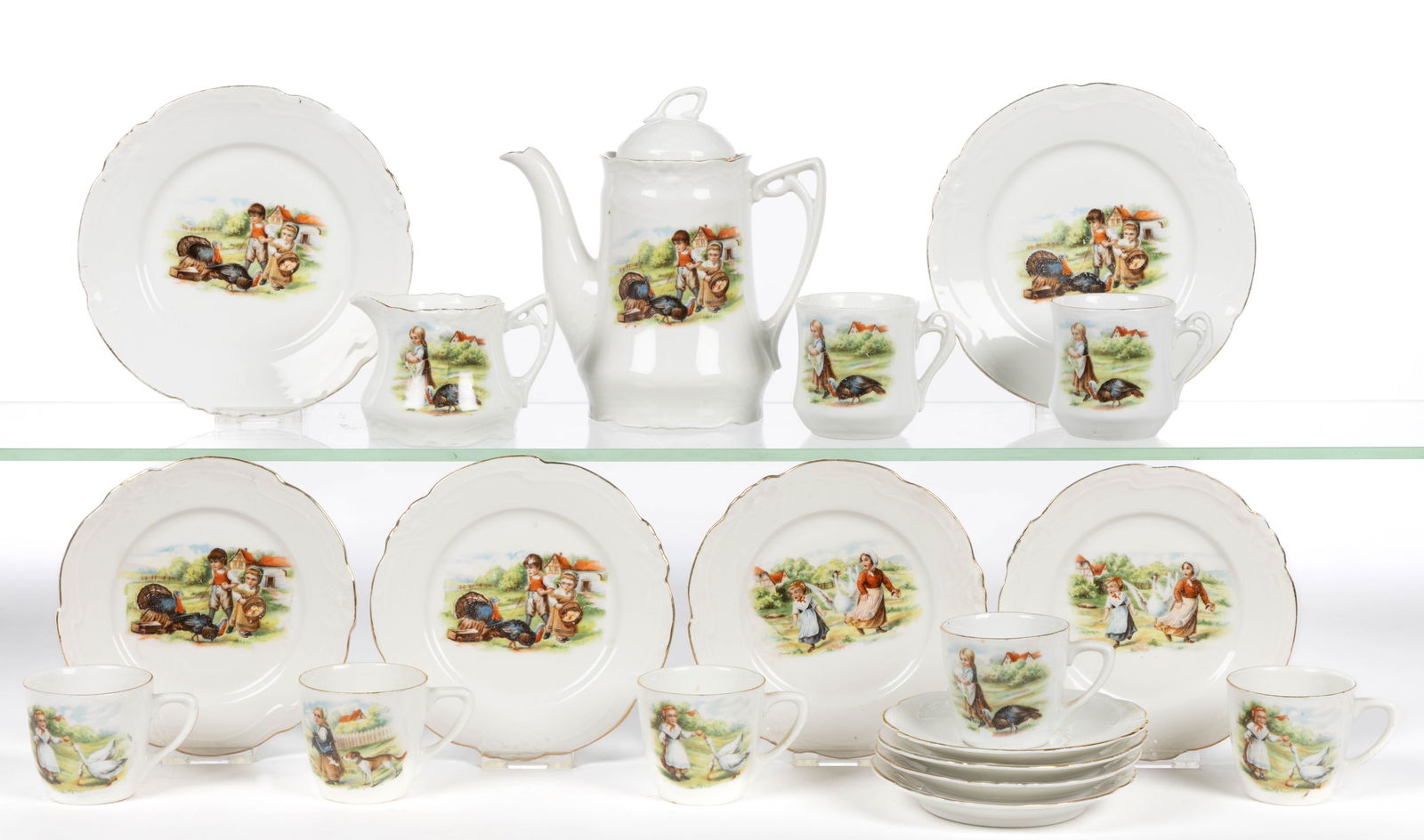 GERMAN PORCELAIN CHILDREN WITH ANIMALS MOTIF 19-PIECE CHILDREN'S PARTIAL TEA SET (1 of 1)