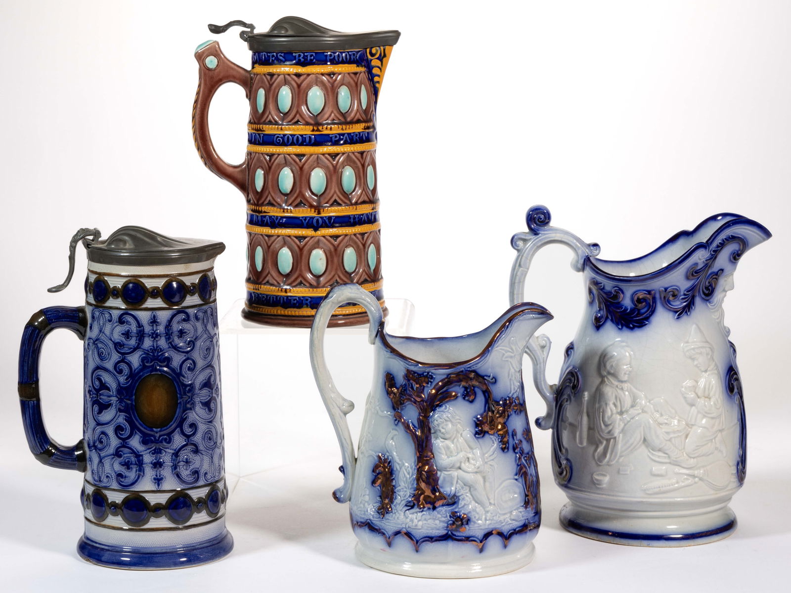 ENGLISH RELIEF-MOLDED CERAMIC JUGS / PITCHERS, LOT OF FOUR (1 of 2)