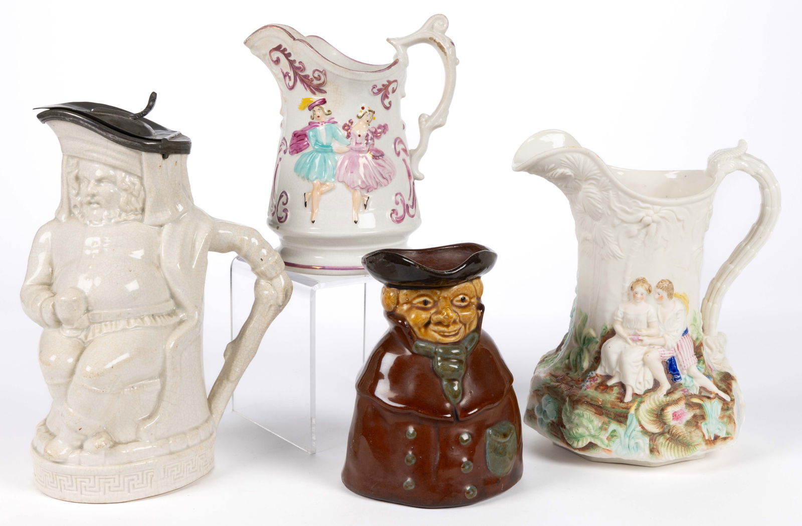 ENGLISH RELIEF-MOLDED CERAMIC JUGS / PITCHERS, LOT OF FOUR (1 of 2)