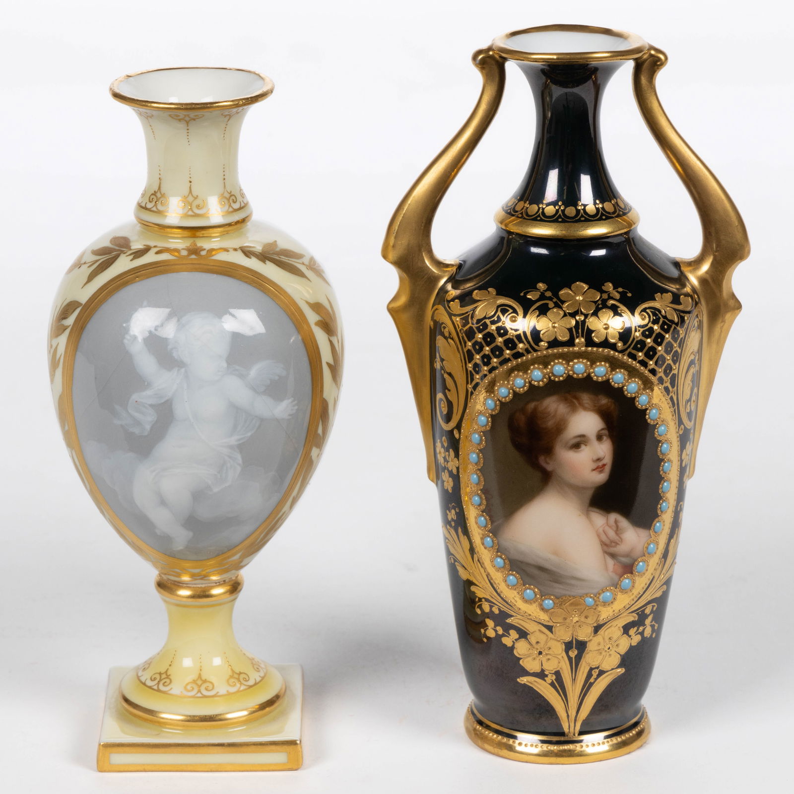 GERMAN PORCELAIN HAND-PAINTED CABINET VASES, LOT OF TWO (1 of 5)