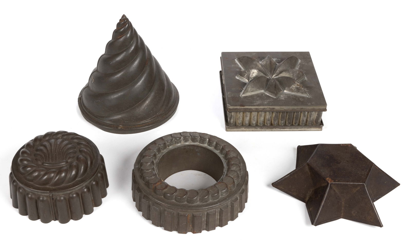 ASSORTED SHEET-IRON JELLY / FOOD MOLDS, LOT OF FIVE (1 of 1)