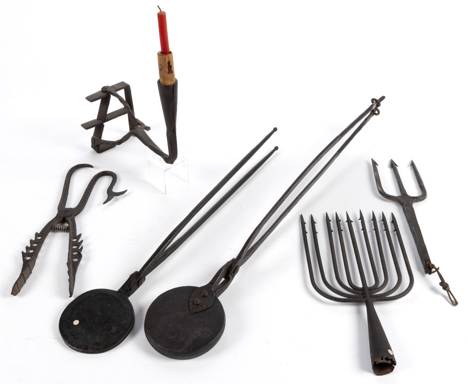 ASSORTED WROUGHT-IRON ARTICLES, LOT OF SIX: ASSORTED WROUGHT-IRON ARTICLES, LOT OF SIX, comprising two wafer irons; a brand which has been made into a sconce; two gigs; and a scissor-form example depicting tongs, clamp or pliers 