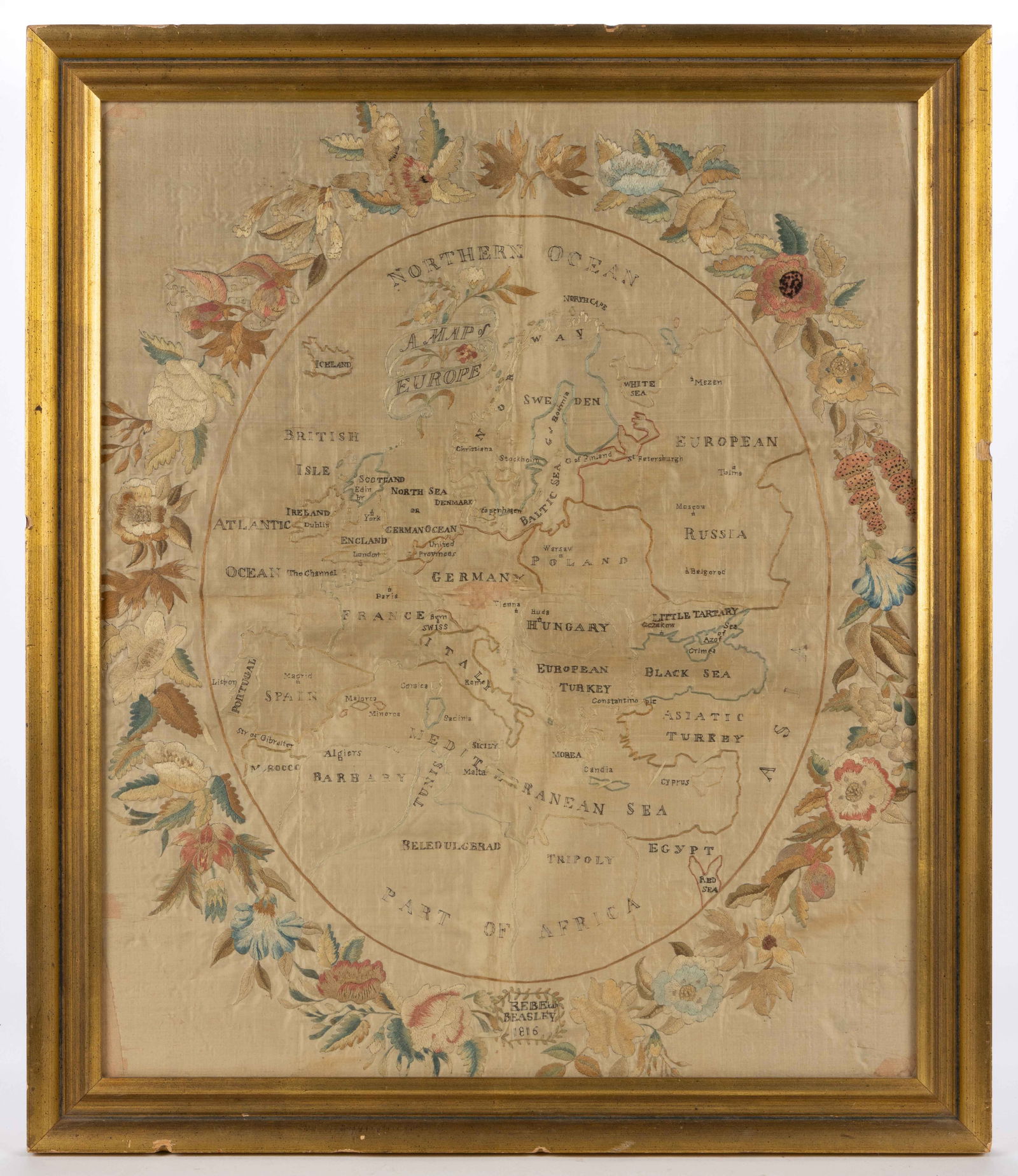 BRITISH SCHOOLGIRL SILK-EMBROIDERED NEEDLEWORK MAP OF EUROPE (1 of 4)
