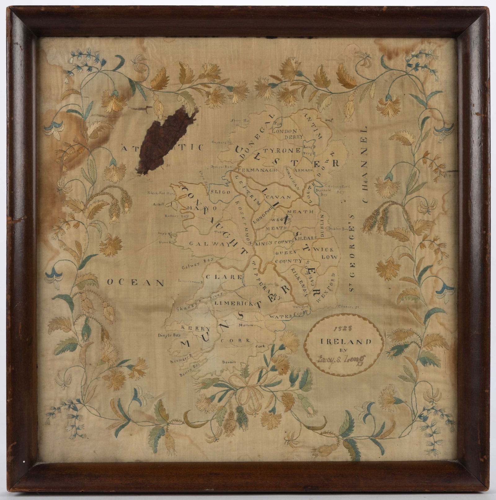 IRISH / BRITISH SCHOOLGIRL SILK-EMBROIDERED NEEDLEWORK MAP OF IRELAND (1 of 4)